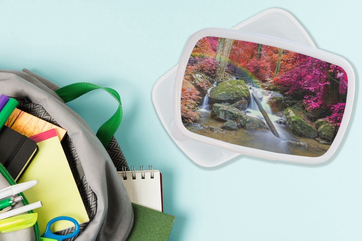 MuchoWow Lunchbox Regenbogen - Moos, Steine - Brotdose, - Bäume Kinder und Mädchen - Brotbox für weiß und Kunststoff, (2-tlg), Erwachsene, Jungs Wasserfall für