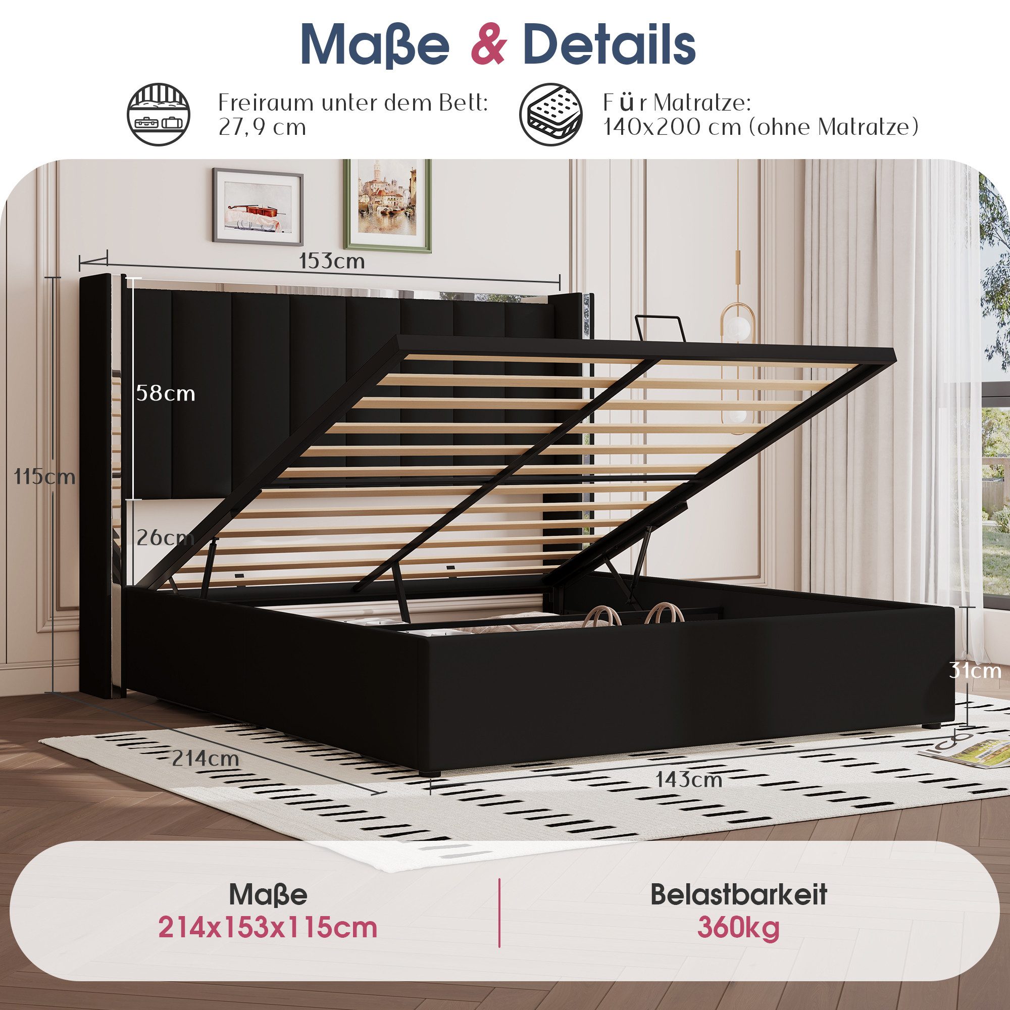 AMERLIFE Polsterbett Hydraulisches Stauraumbett, 115 cm Wingback-Kopfteil aus Samt (Ohne Matratze), Luxuriöses Samtpolsterbett Jugendbett Doppelbett, 140x200cm