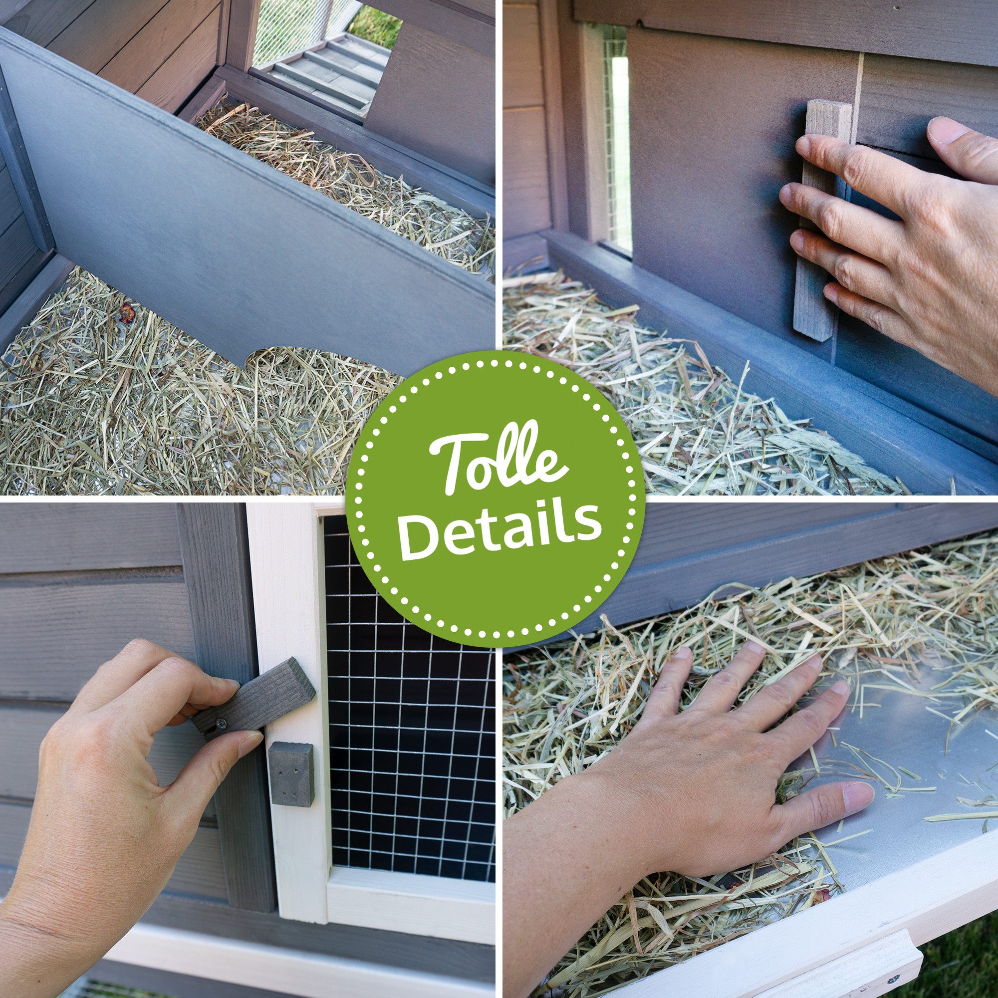 Zooprinz Kleintierstall Dream Grey mit Auslauf 146x86x50 cm (BxHxT), Kotschublade aus Metall, Lasiertes Kieferholz, Klappdach