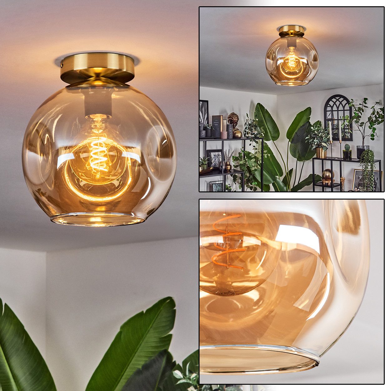 hofstein Deckenleuchte Deckenlampe aus Metall/Glas in Schwarz/Goldfarben/Bernsteinfarben, ohne Leuchtmittel, moderne Leuchte mit Schirm aus Glas (25cm), 1xE27, ohne Leuchtmittel