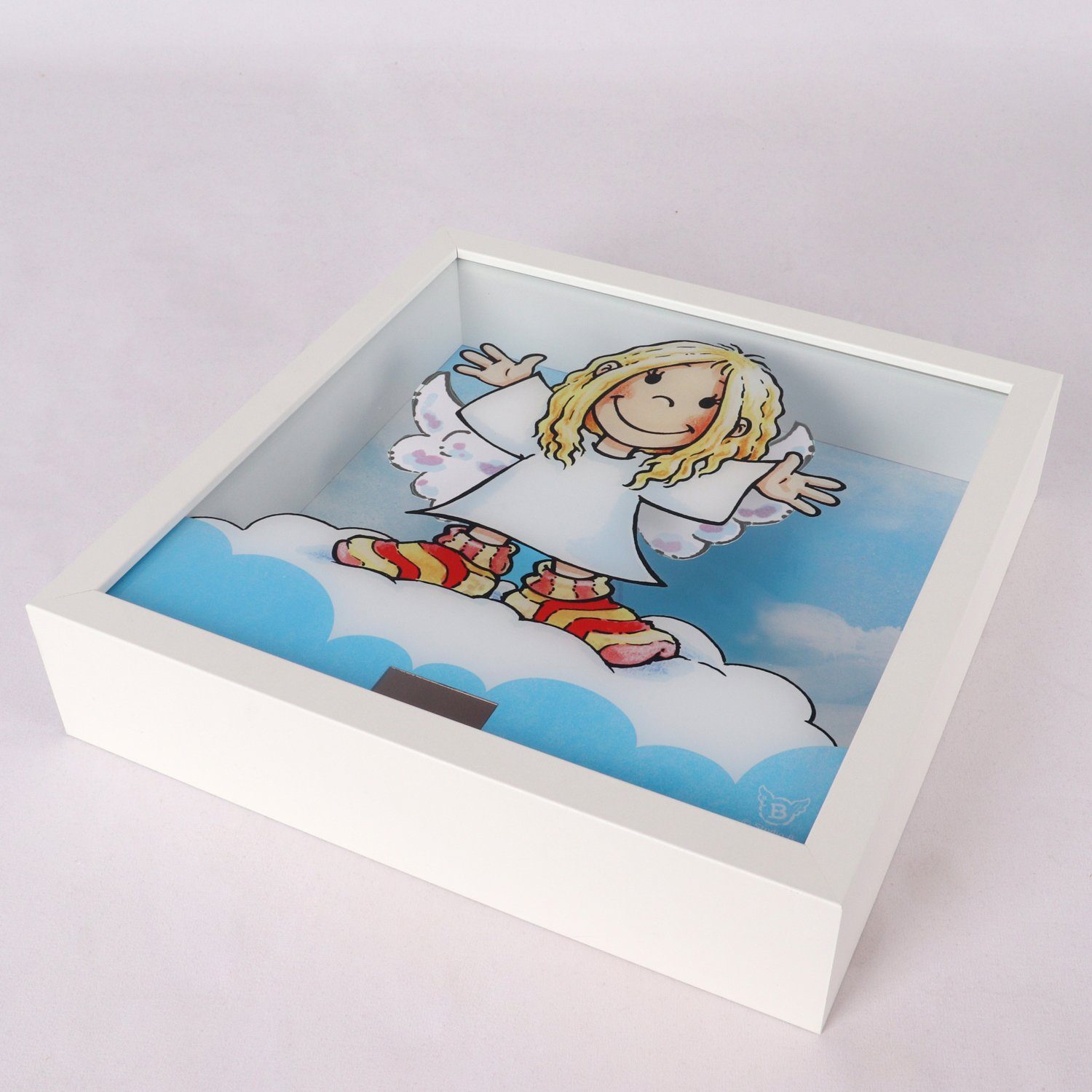 queence Bild mit Rahmen 3D Bild mit Wackelflügeln - Solarbetrieben-Engel-Flügel bewegen sich, Schutzengel (1 St), 27x27x5 cm - Geschenk - Taufe - Geburt - Flügel bewegen sich