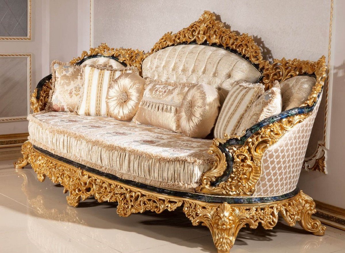 Casa Padrino Sofa Luxus Barock Sofa Gold / Mehrfarbig / Blau / Gold -  Prunkvolles Wohnzimmer Sofa mit elegantem Muster - Barock Wohnzimmer Möbel  - Edel & Prunkvoll