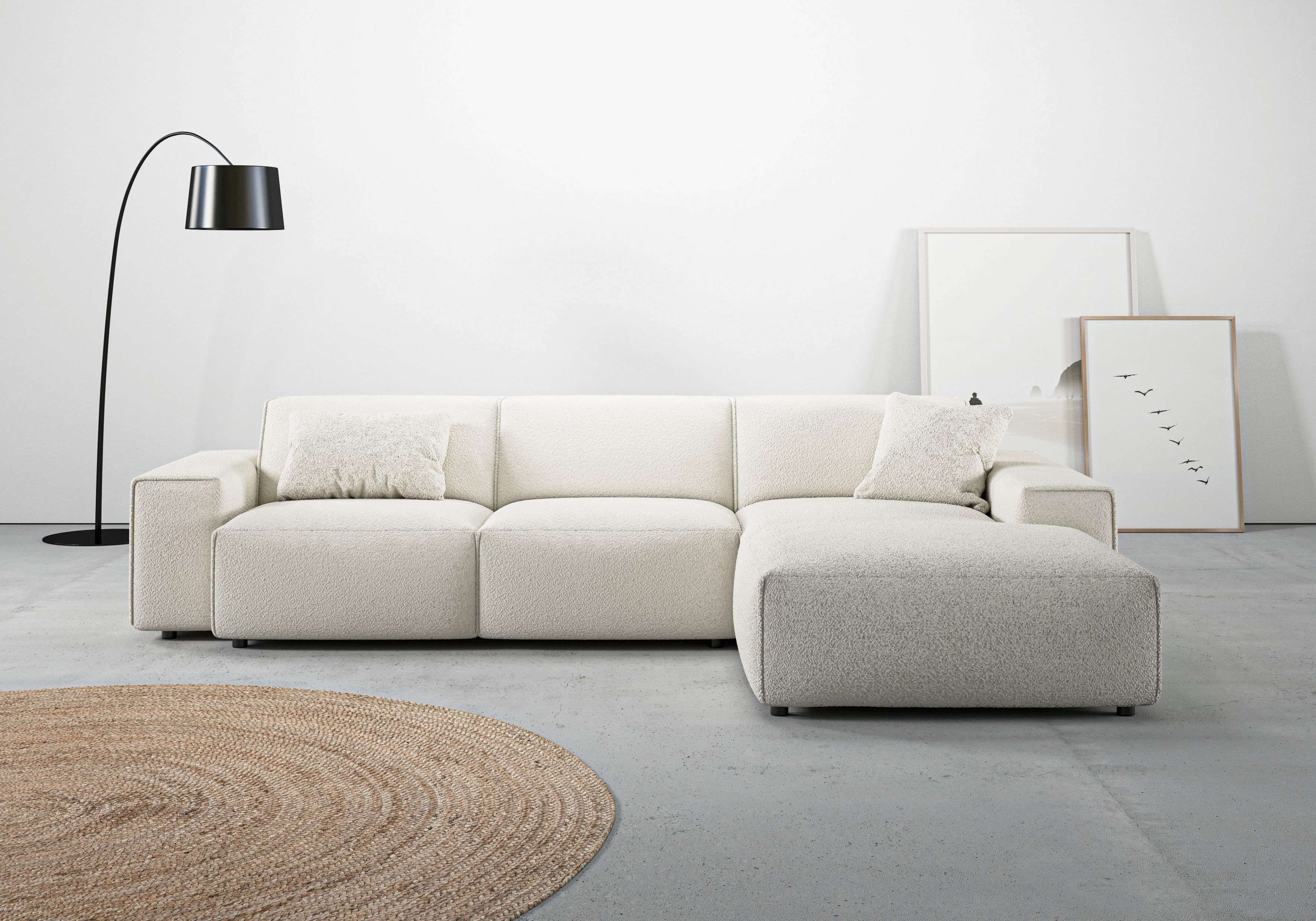 andas Ecksofa Glimminge auch in Breitcord, Feincord, Bouclé + Easy care-Bezug, L-Form, Breite 294, Zierkissen