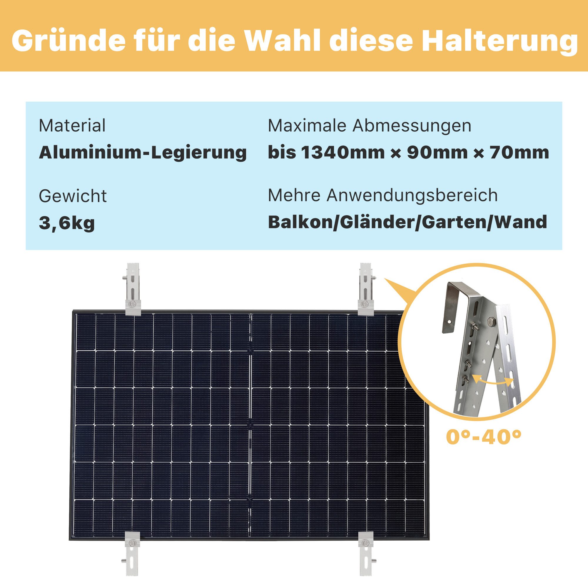 SolarMars Solarmodul-Halterung Balkonkraftwerk Halterung, für Balkone, Garten, Flachdächer und Wände, (für 1 Solarmodul, Solarmodule Halterung verstellbar Winkel 0-40°, PV-Halterung, 0% MwSt)