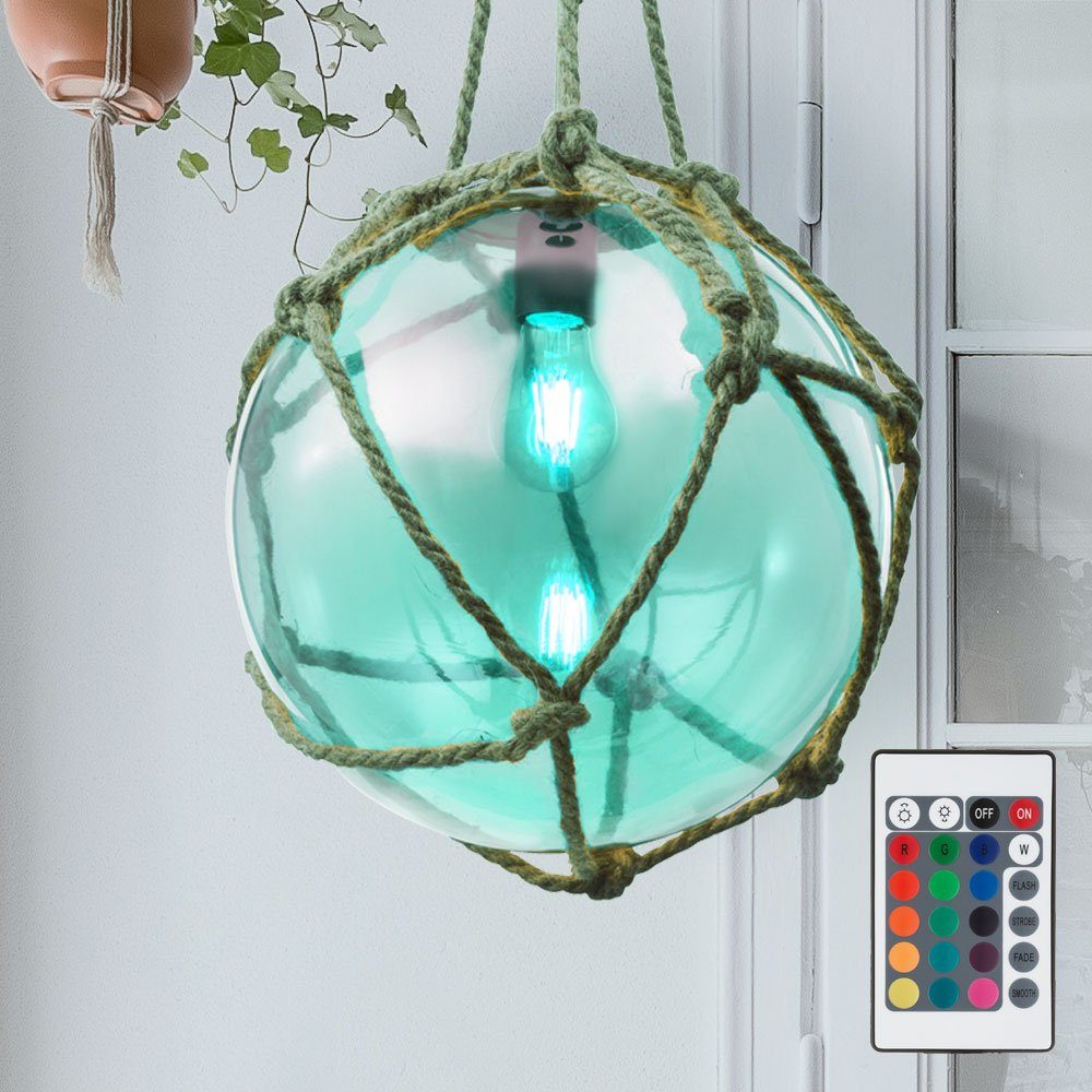 etc-shop LED Pendelleuchte, Leuchtmittel inklusive, Warmweiß, Farbwechsel, Hänge Leuchte Glas Kugel Flur Hanf Seil Decken Lampe