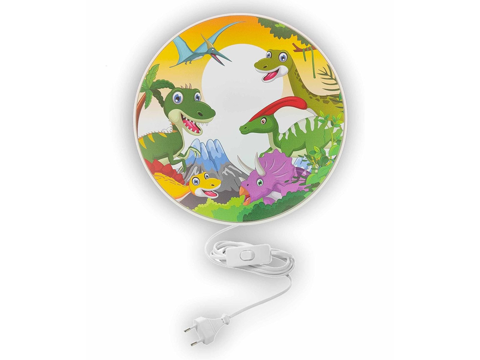 niermann LED Wandleuchte für Kinder mit Schalter & Stecker Ø 25cm, dimmbar, LED wechselbar, Warmweiß, innen Wandlampe mit Kabel & E14 LED, Dinomotiv Wand Nachttischlampe