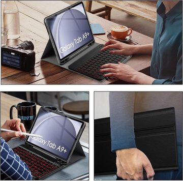 Sross QWERTZ für Samsung Galaxy Tab A9 Plus Tastatur Hülle 11 Zoll 2023 Tablet-Tastatur (Beleuchtete Bluetooth Galaxy Tastatur für Tab A9+ (SM-X210/216/218)