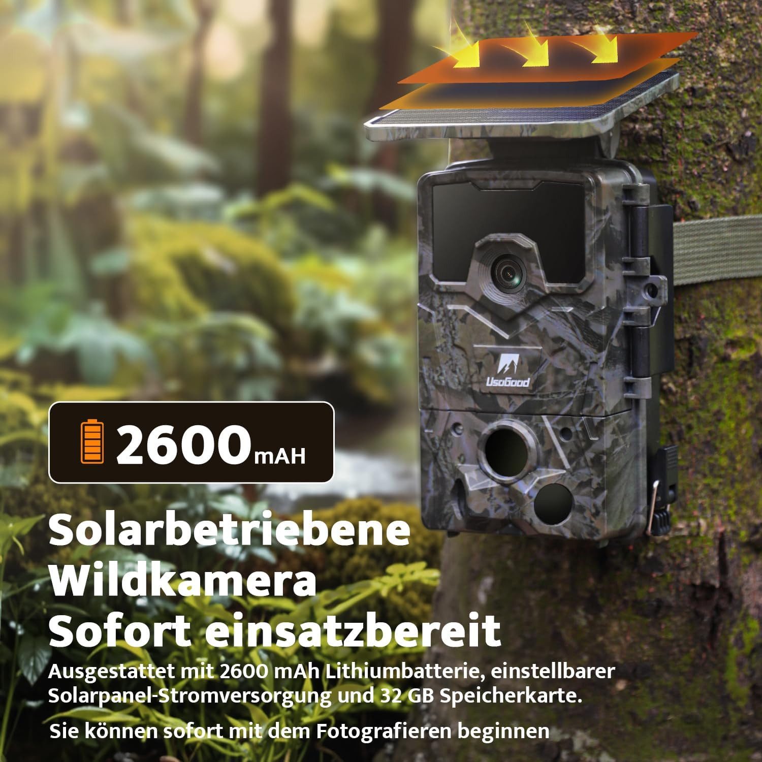 Usogood Wildkamera Solar Wildkamera 4K 30fps 48MP Wildtierkamera mit 32GB Karte (Für Garten Haustierüberwachung, Spiele und Trail Outdoor -Sicherhei, Jagdkamera Wildkamera mit Bewegungsmelder Nachtsicht, 1-tlg., Eingebauter 2600mAh Lithium-Akku Wiederaufladbar,0,2S Auslösen, Kein WLAN IP66 Wasserdicht für Wildtierbeobachtung & Heim Sicherheit)