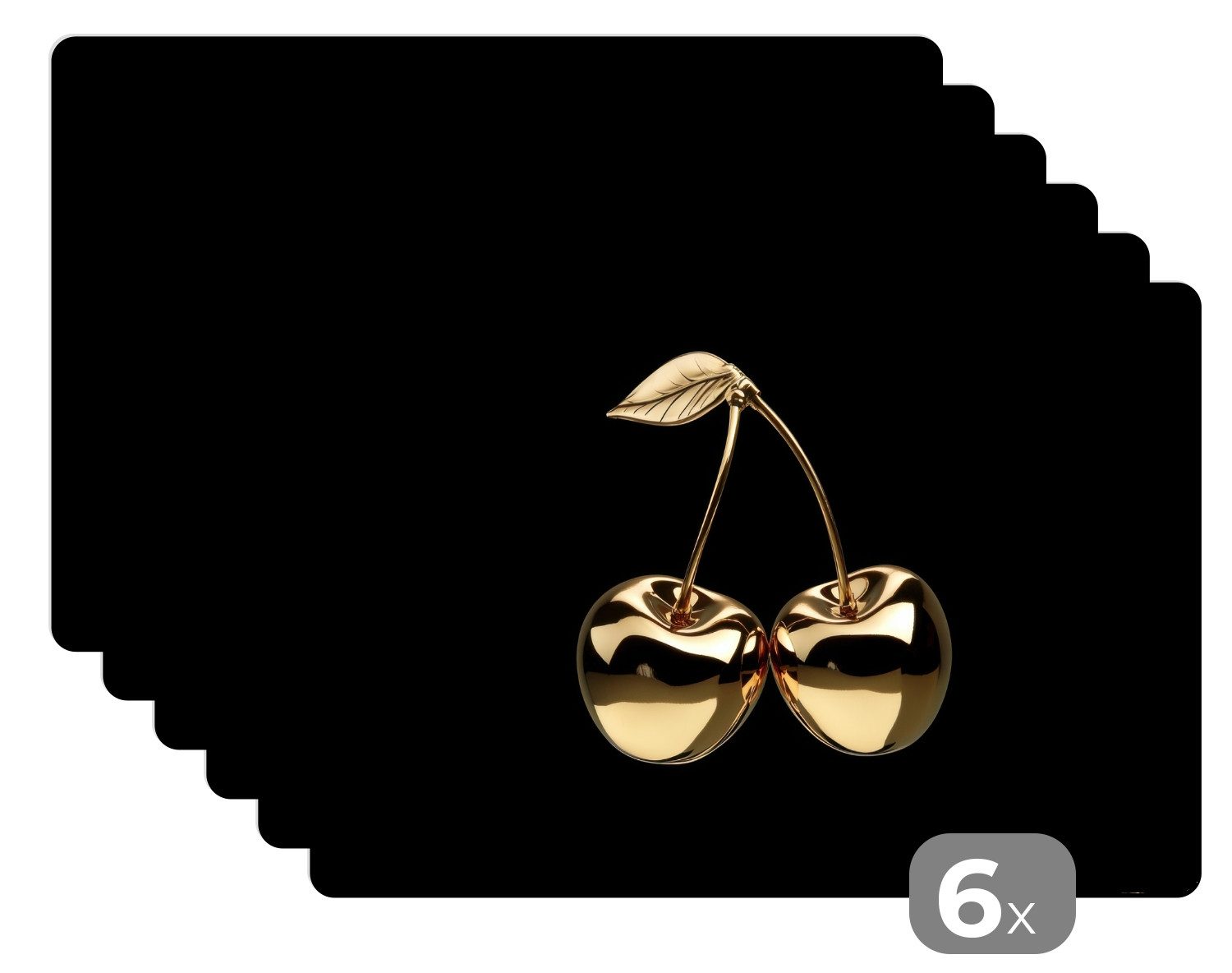 MuchoWow Platzset Kirsche - Schwarz - Gold - Chrom, (6-St), Platzsets, Tischset, Abwaschbar, Tischsets, Platzdeckchen