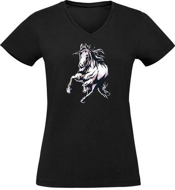 MyDesign24 T-Shirt Damen Pferde Print Shirt - Rennendes Pferd V-Ausschnitt Baumwollshirt mit Aufdruck Slim Fit, i168