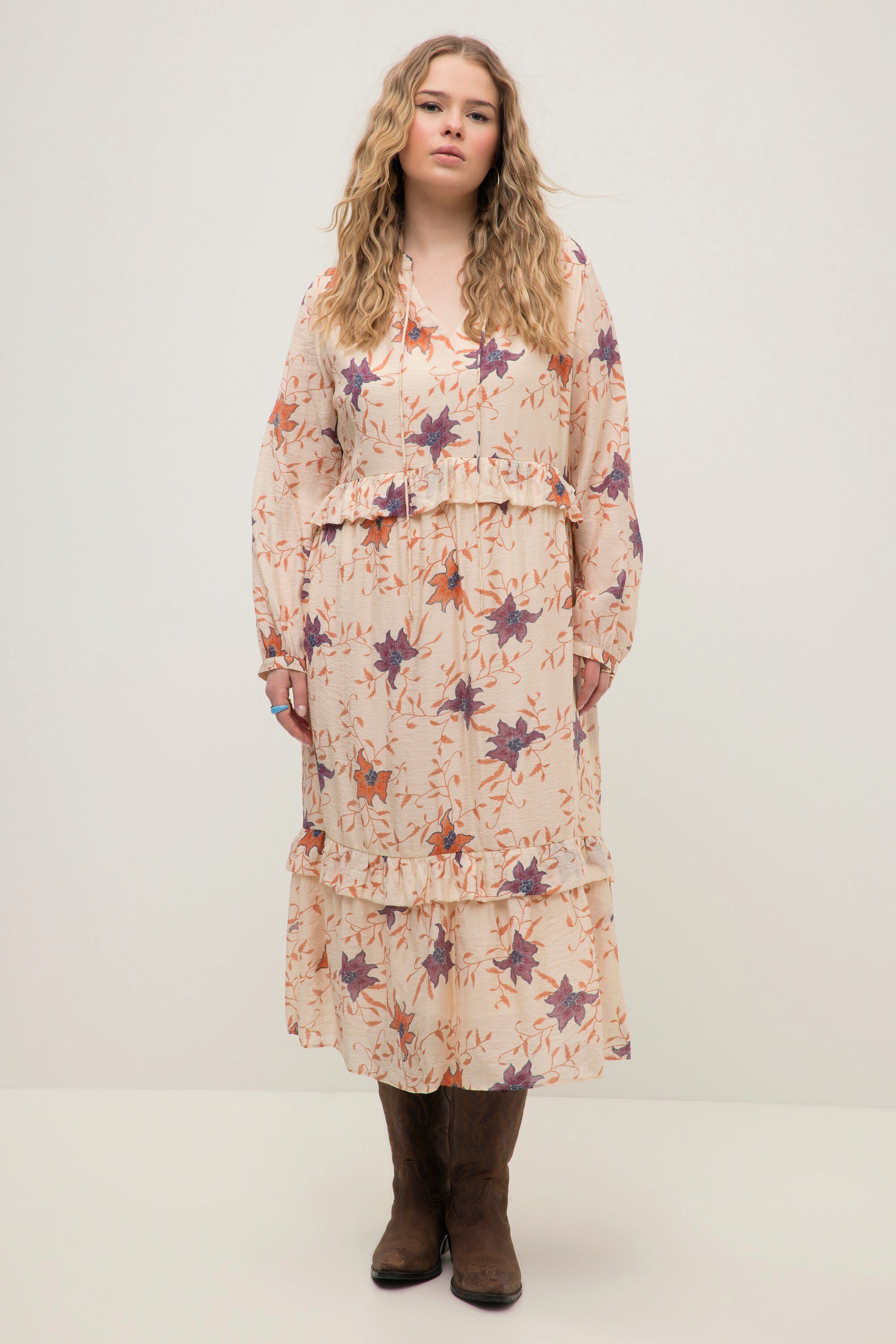 Midikleid Maxikleid A-Line Blumen Print Rüschen Langarm