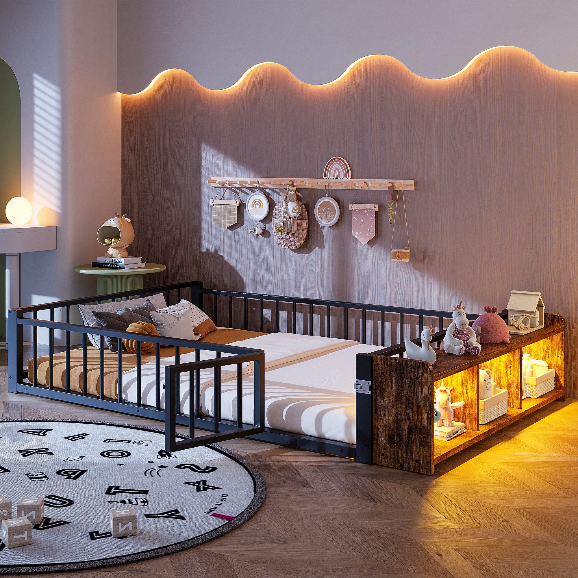 REDOM Kinderbett mit Schutzgeländer und offenem Staufach, Metallbett (stabiler Eisenrahmen, Jugendbett Funktionsbett, 140x200 cm), ohne Matratze