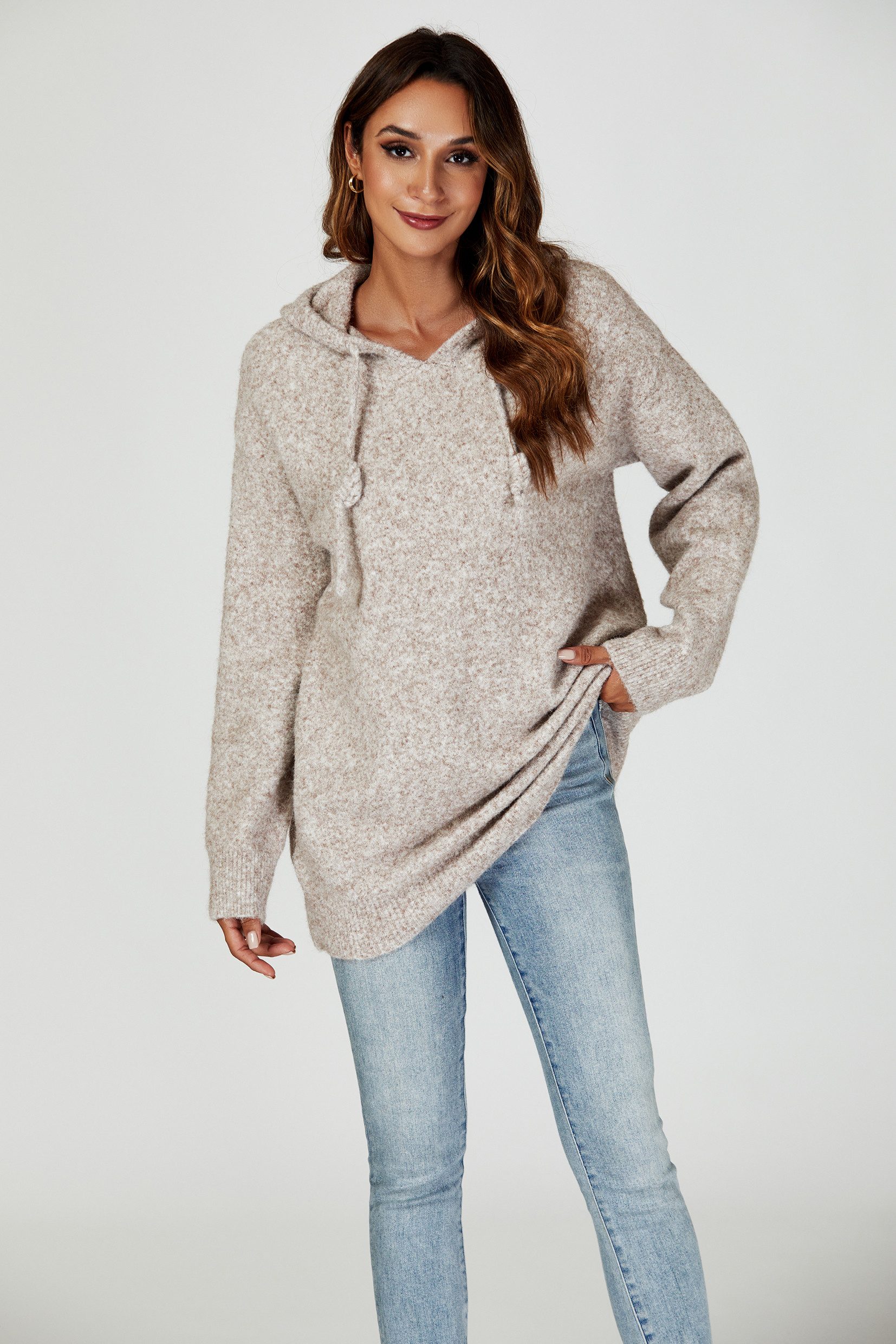 FS Collection Kapuzenpullover Damen Strick Kapuzenpullover Hoodie Oversize Pullover Einheitsgröße (Einheitsgröße: EU 36–44 / UK 8–16) Weicher Wollmix mit Kapuze und lockerer Oversize-Passform