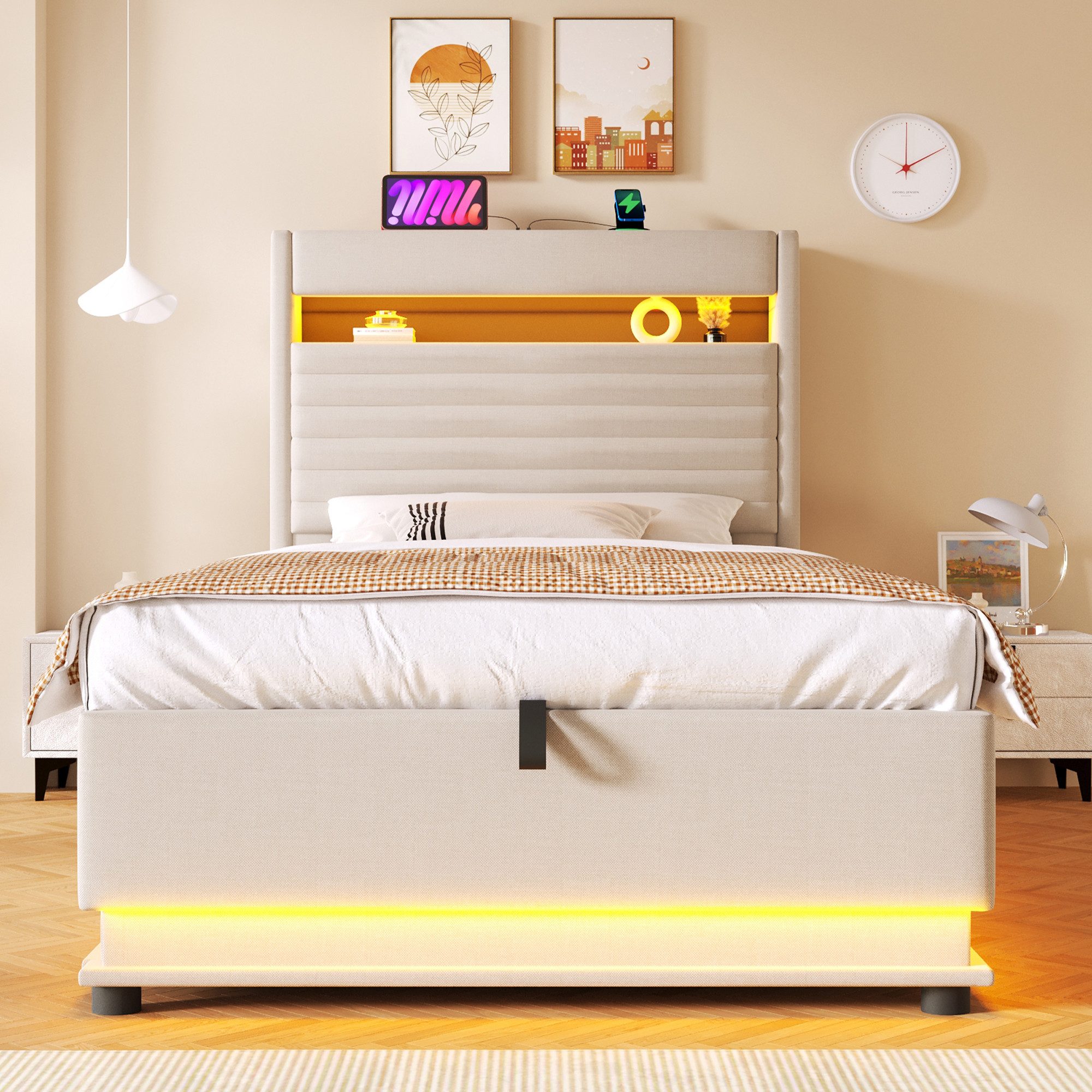 Merax Polsterbett mit LED-Beleuchtung und USB/Typ-C Ladefunktion (Leinenstoff, 1-tlg., Mehrzweckbett), Jugendbett 140x200cm mit hydraulischem Stauraum & Flip-Top-Staufach