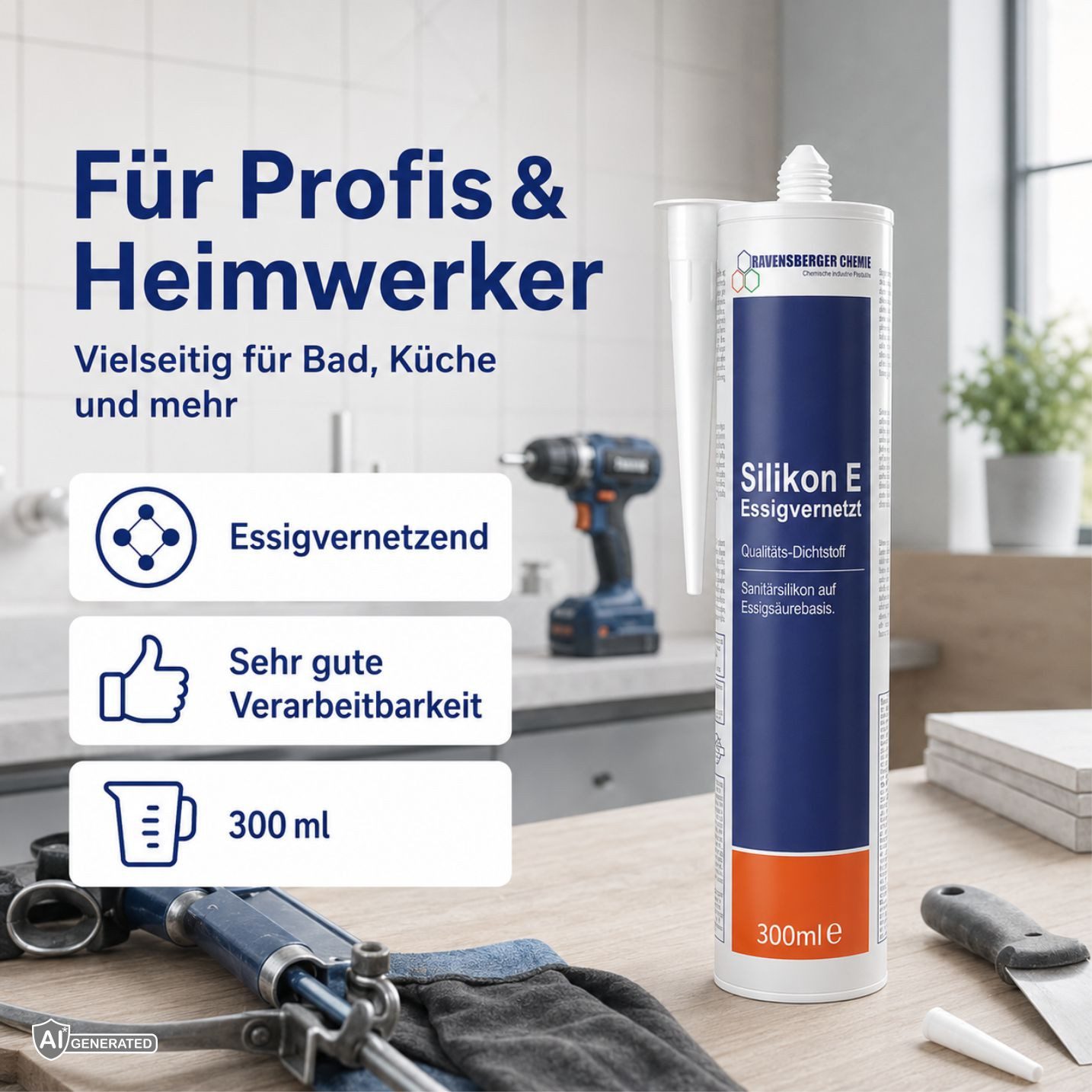Ravensberger Chemie Silikon E Essigvernetzt – Sanitärsilikon Transparent 300 ml, Silikon, gebrauchsfertig, (1x 300ml Kartusche von Ravensberger Chemie), Essigve – Bild 3 von 5