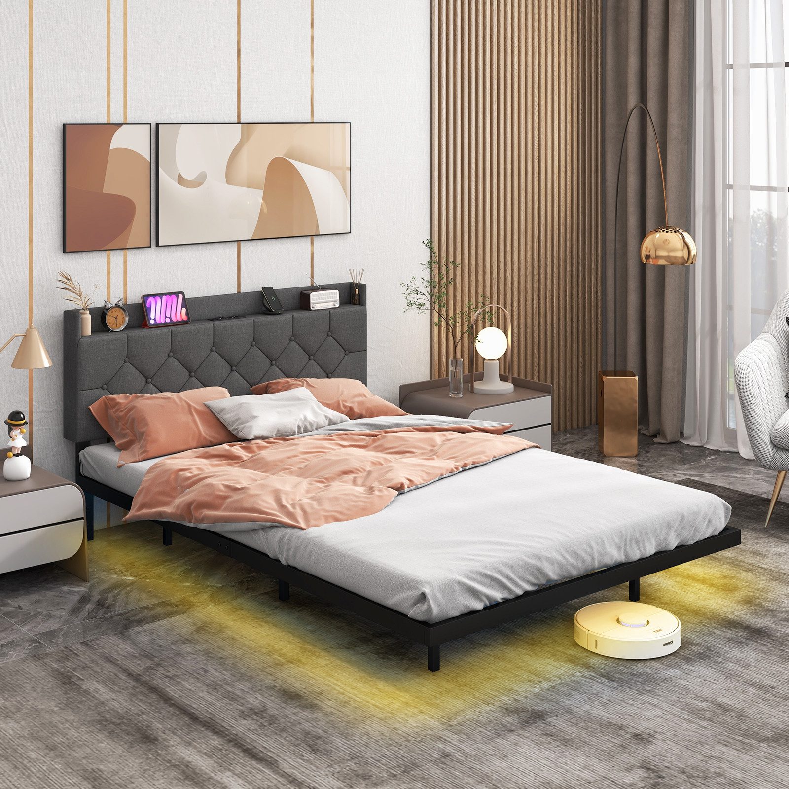 COSTWAY Bettgestell, mit LED Beleuchtung & Ladestation, 140 x 200cm