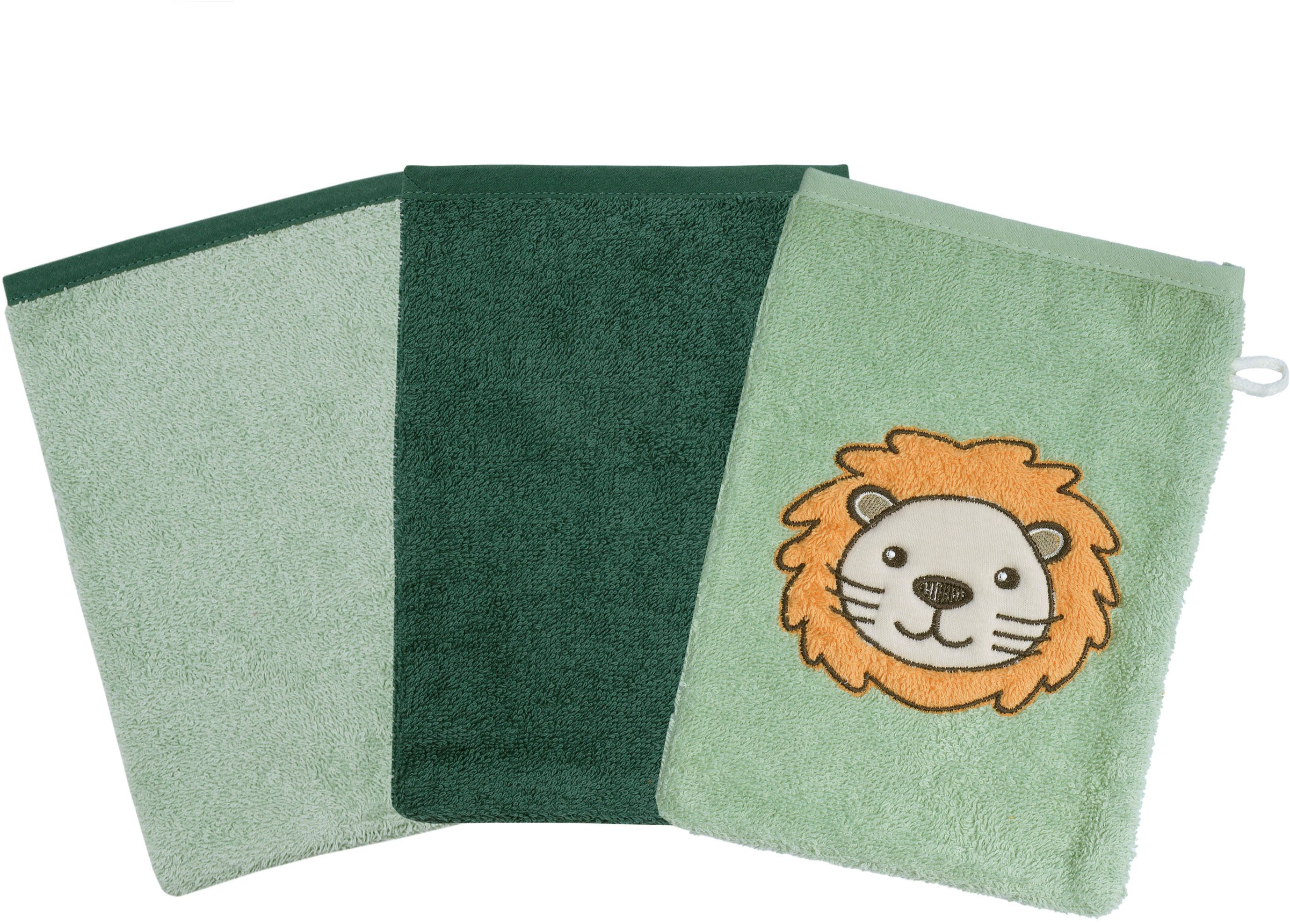 Wörner Waschhandschuh Löwe, (Set, 3-St), 3er-Set, mit Stickerei