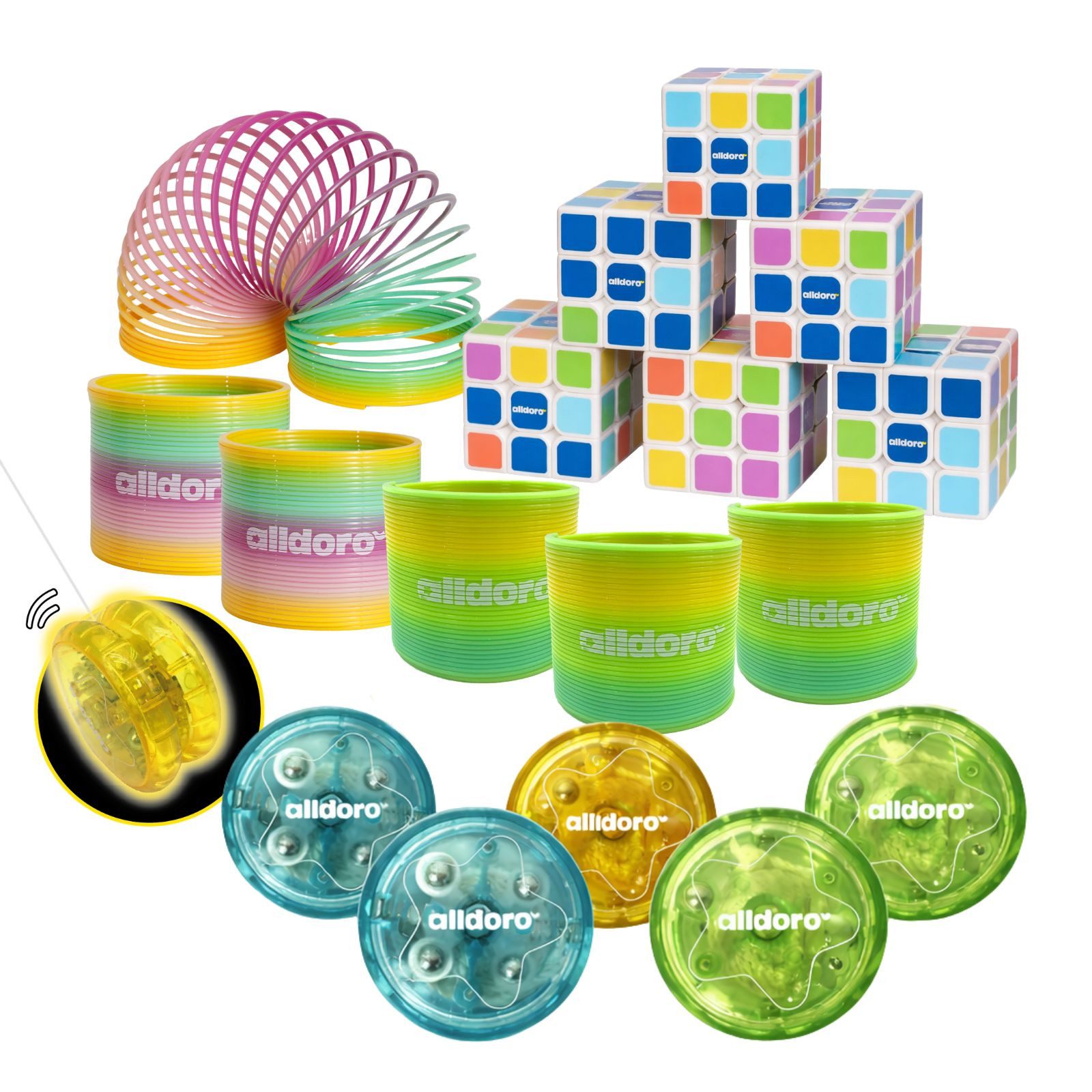 alldoro Fidget-Gadget 18 Fidget Spielzeuge im Set, je 6 Zauberwürfel, Treppenläufer & JoJos, fördert Sensorik, Motorik & Spielspaß, ideal als Mitgebsel für Kinder