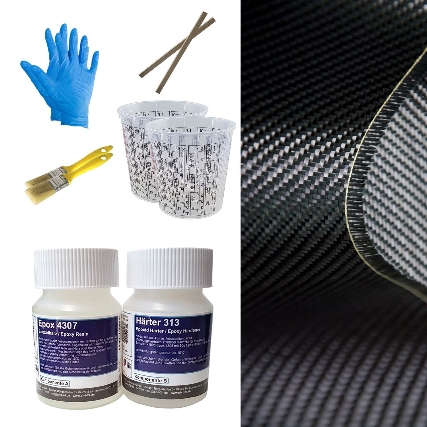 DD Composite Reparatur-Set Carbon Komplett-Set 0,25m² Köper, Set, 1-St., Reparaturset, Carbongewebe mit Epoxidharz