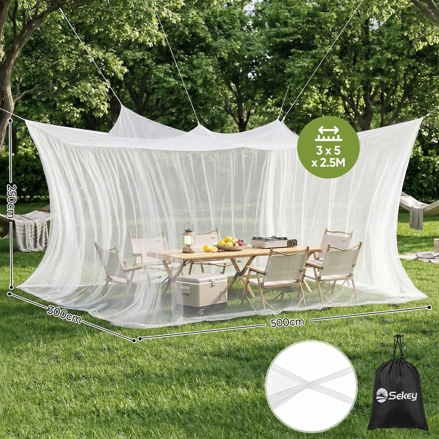 Sekey Moskitonetz Moskitonetz 500 x 300 x 250 cm Pavillon Outdoor Reise, Fliegennetz für Doppelbett weiß Garten Camping Insektenschutz