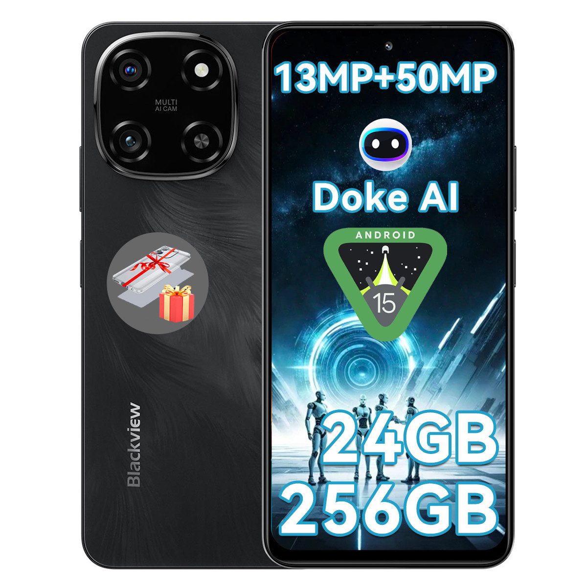 blackview Color 6 6.67" Super PD 50MP, MTK G81, AI Ohne Vertrag Smartphone (6.67 Zoll, 256 GB Speicherplatz, 50 MP Kamera, Android 15, DokeOS 4.1, 18W,Dual SIM /Fingerabdruck/Face ID/GPS/OTG)