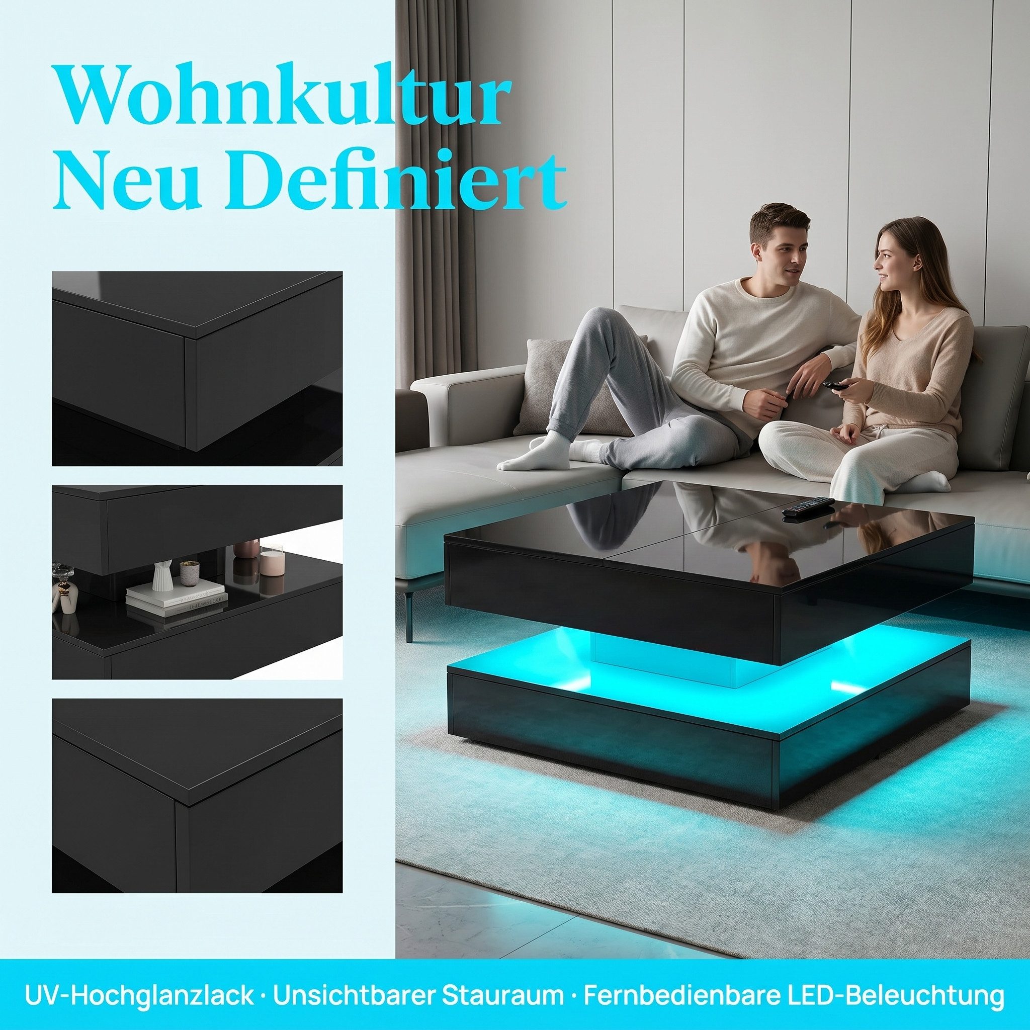 PXloue Couchtisch LED-Couchtisch mit Stauraum und modernem Design (Hochglänzender), Praktischer Tisch mit Schubladen und integrierter Beleuchtung