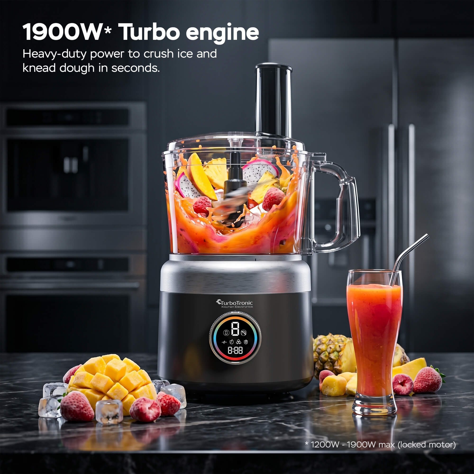 TurboTronic by Z-Line Küchenmaschine Food Processor mit Standmixer 1,2L Behälter Multizerkleinerer Mixer, 1900 W, 1.2 l Schüssel, Raspelscheiben Zitruspresse Zerkleinerer Eiscrusher Power