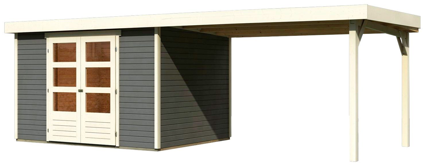 Karibu Gartenhaus "Arnis 5" SET anthrazit mit Anbaudach 2,80 m Breite, BxT: 302x246 cm, (Set), aus hochwertiger nordischer Fichte