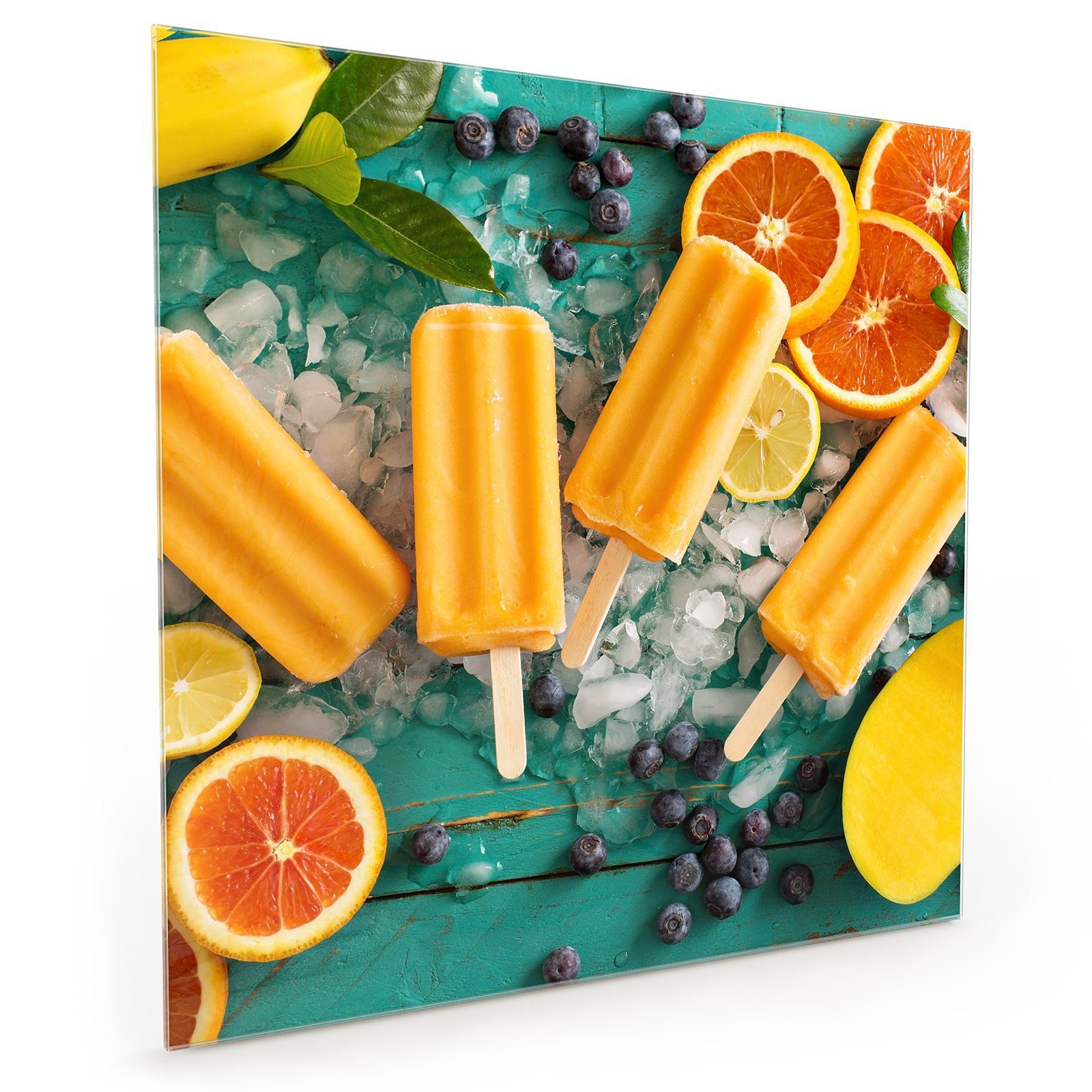 Primedeco Küchenrückwand Küchenrückwand Spritzschutz Glas mit Motiv Mango Bananen Eis am Stiel