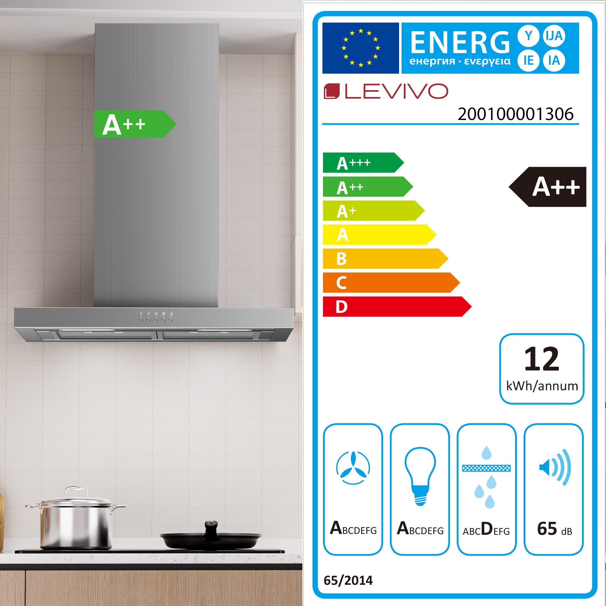 Levivo Wandhaube A++ 380 m³/h Dunstabzugshaube 60cm Umluft & Abluft A++ 380 m³/h Dunstabzugshaube 60cm Umluft & Abluft, Aktivkohlefiltern, Fettfiltern, LED-Beleuchtung