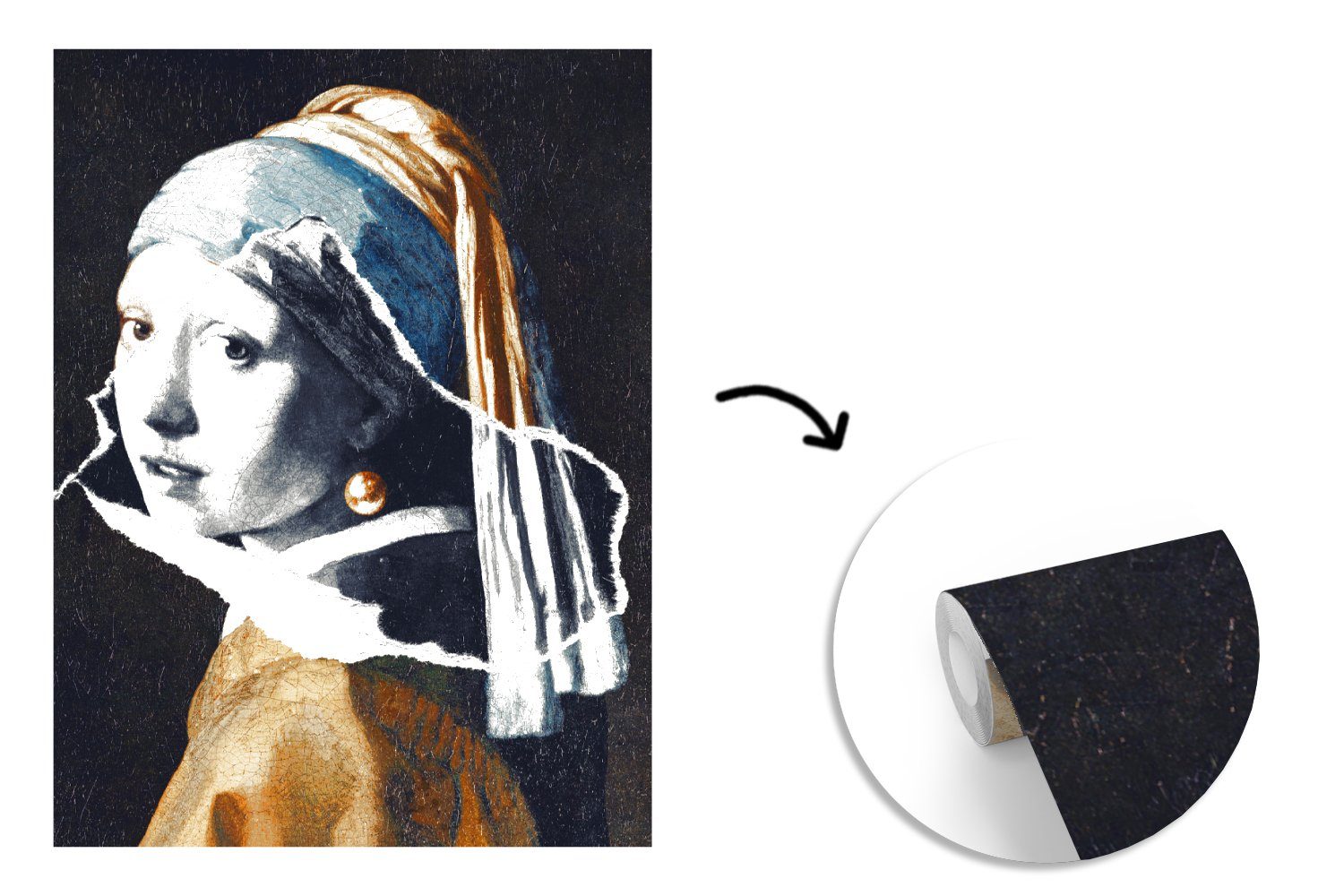 MuchoWow Fototapete Mädchen mit - St), für Montagefertig Tapete bedruckt, Matt, Schwarz Vinyl Wandtapete - Weiß, Perlenohrring Gold (4 Wohnzimmer, 