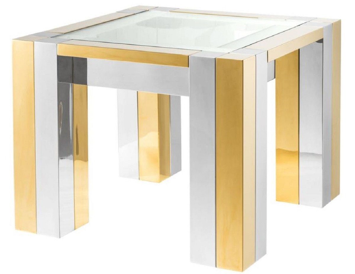 Casa Padrino Beistelltisch Luxus Edelstahl Beistelltisch Silber / Gold 65 x 65 x H. 50 cm - Designer Beistelltisch mit Glasplatte