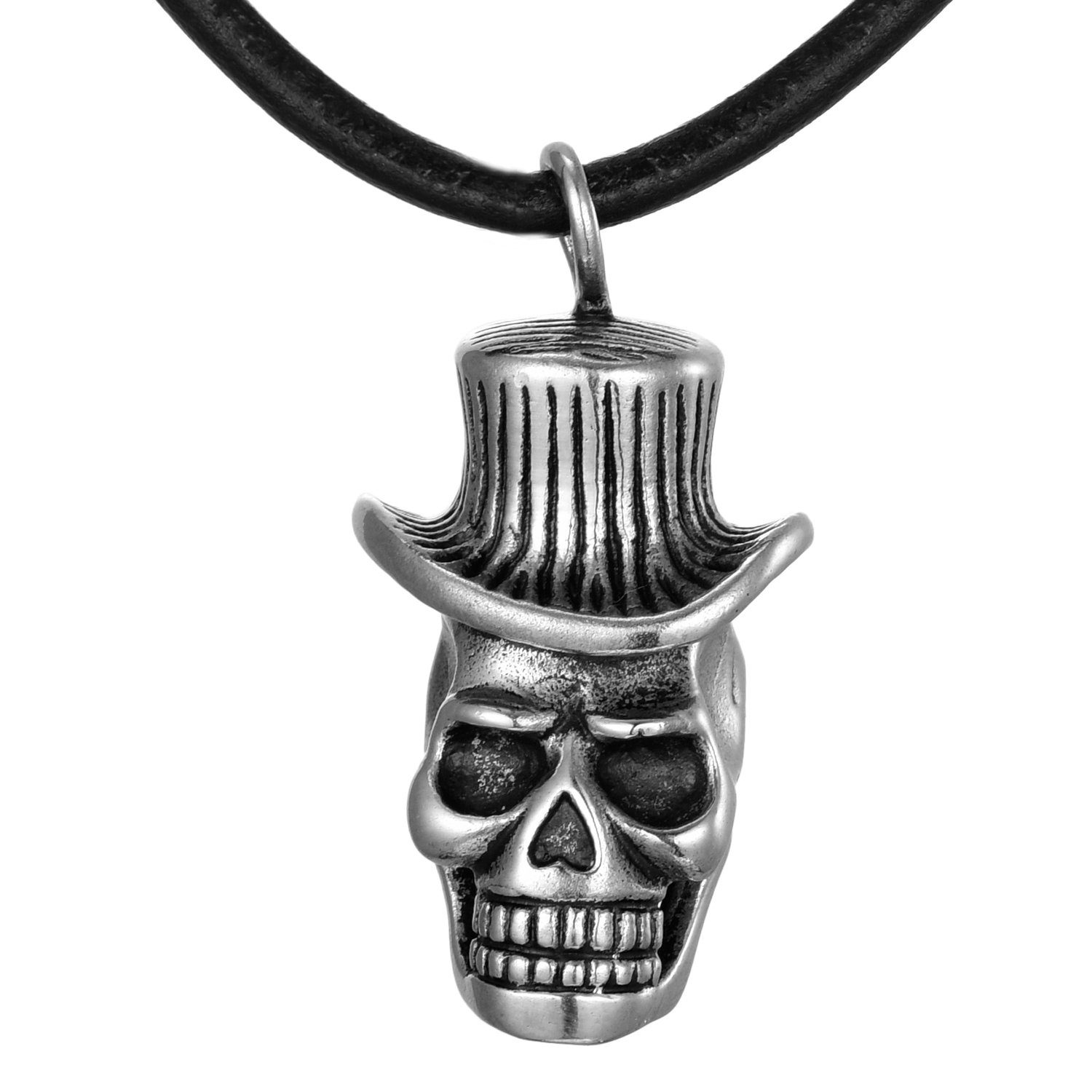 DonDon Kette mit Anhänger Lederkette Halskette 50 cm (1-tlg), Herren-Halskette mit Lederband, maskuline Anhänger, im Samtbeutel Zylinder-Totenkopf