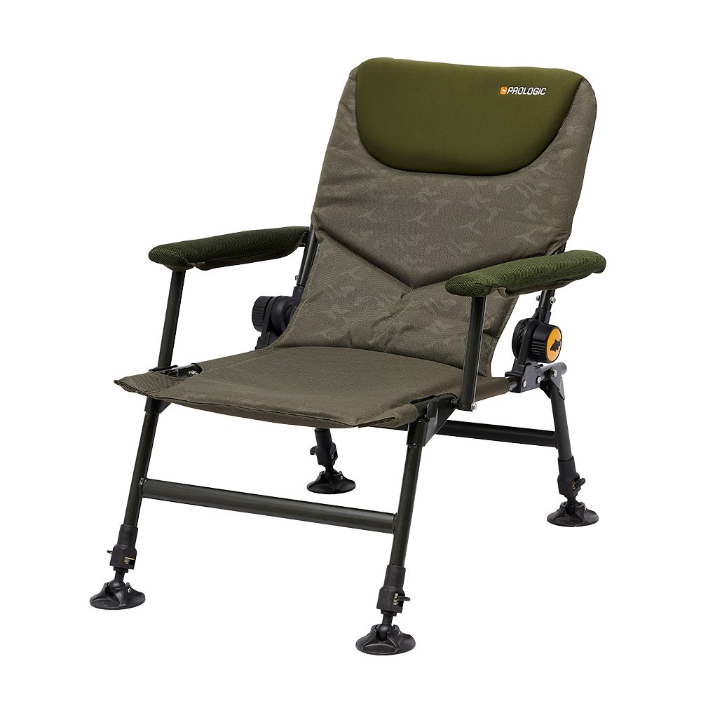 Prologic Angelstuhl INSPIRE LITE-PRO STUHL RECLINER CHAIR MIT ARMLEHNEN 140 kg, Schwenkbare Schlammfuße, Sitzhöhe 33 - 43cm, B 47 X T 40X BRH 52cm
