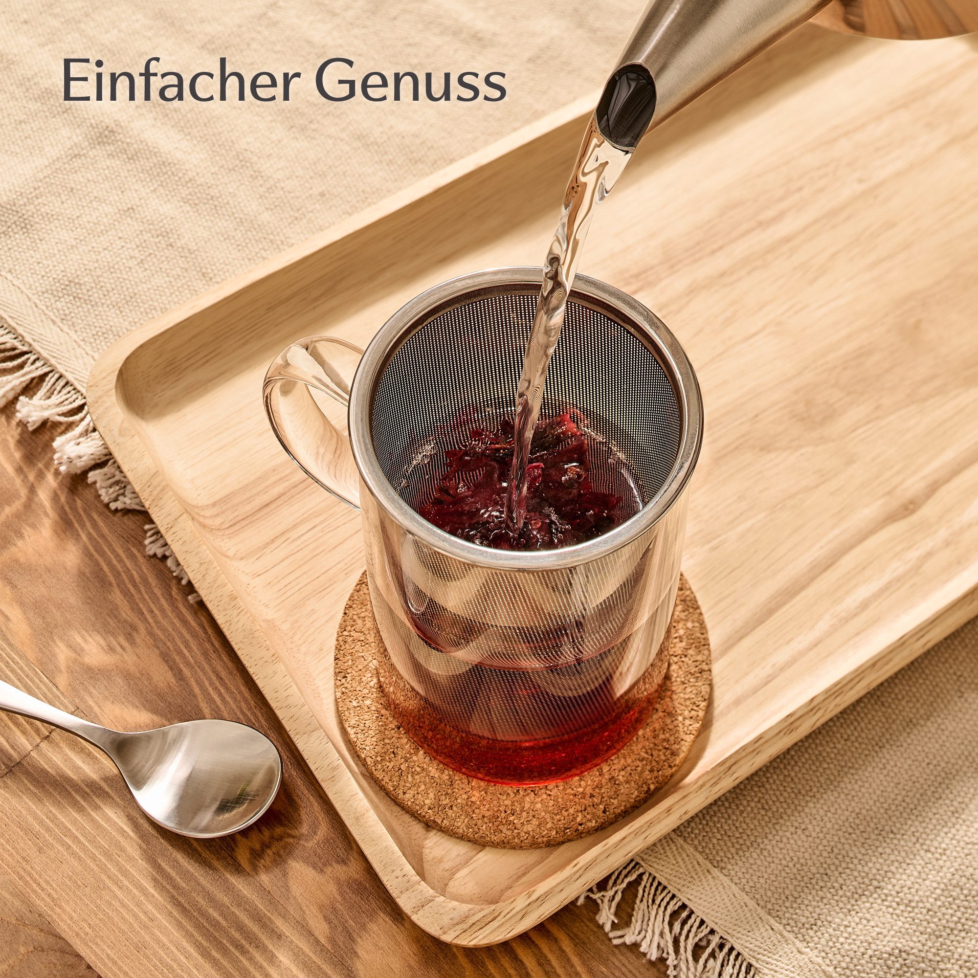 Cosumy Teeglas Teetasse mit Deckel und Sieb - Teeglas mit Sieb & Untersetzer 400ml, 1-tlg., Glas, Zubereiter inkl. Untersetzer - Geschenk Tasse - Feinmaschiger  – Bild 3 von 5