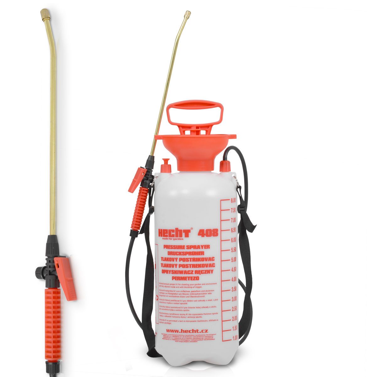 Hecht Drucksprühgerät 408 Drucksprüher mit Tragegurt, 50 cm Edelstahl-Spritzrohr, 3bar, 8 Liter