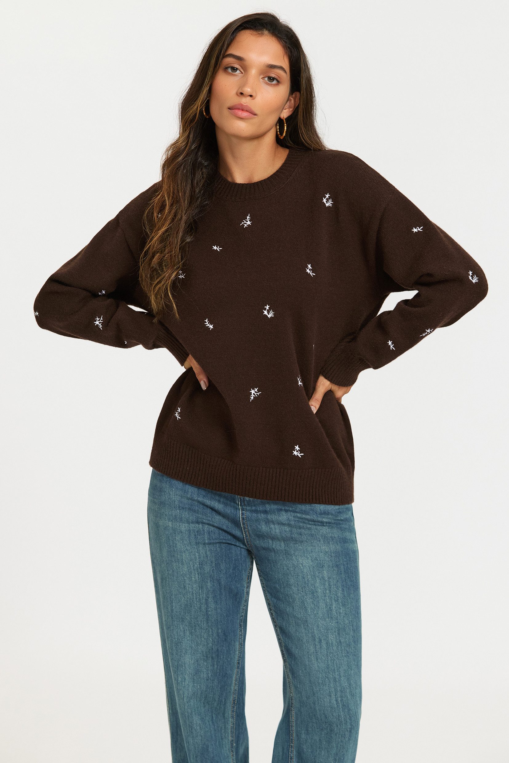 FS Collection Strickpullover Damen Strickpullover Blumenstickerei Rundhals Langarm Wollmix (Einheitsgröße: EU 36–44 / UK 8–16) Wollmix mit floraler Stickerei auf Vorderseite und Ärmeln