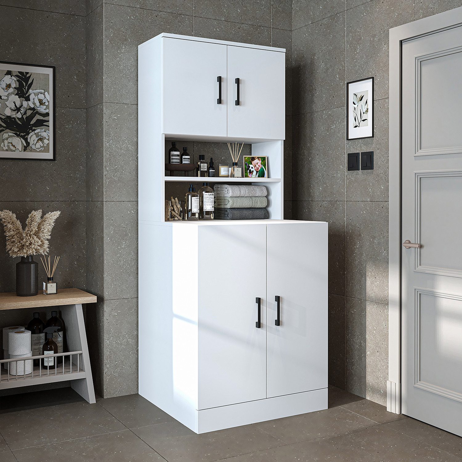 Roomart Waschmaschinenumbauschrank ATRIA Waschmaschinenschrank 70 cm, 180 cm hoch, Hauswirtschaftsraum (Waschmaschinenschrank Trocknerschrank) Geräteöffnung 88x65 cm, Mittelfach, 2-modul Aufbau