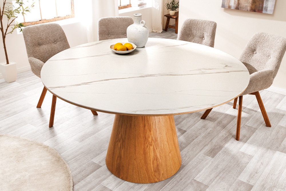 riess-ambiente Esstisch UNIQUE 120cm weiß / natur · runder Küchentisch mit Keramik-Platte (Einzelartikel, 1-St), 4 Personen · Säulenfuß · Eiche-Echtholzfurnier · Marmor-Design