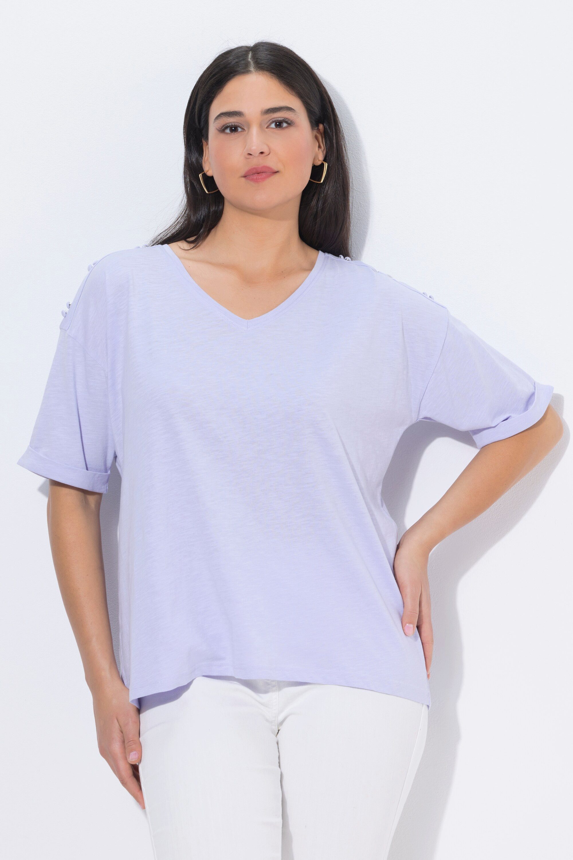 Ulla Popken T-Shirt T-Shirt Schulterschlitze Oversized V-Ausschnitt