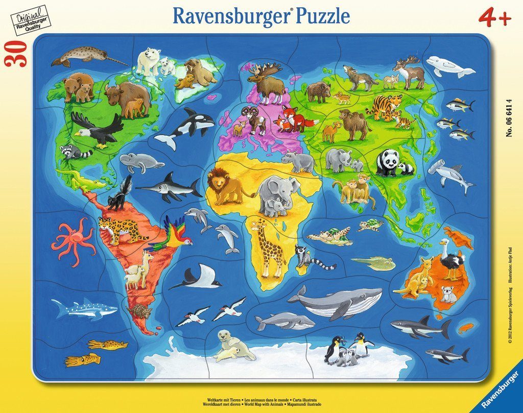 Ravensburger Puzzle 30 Teile Ravensburger Kinder Rahmen Puzzle Weltkarte mit Tieren 06641, 30 Puzzleteile