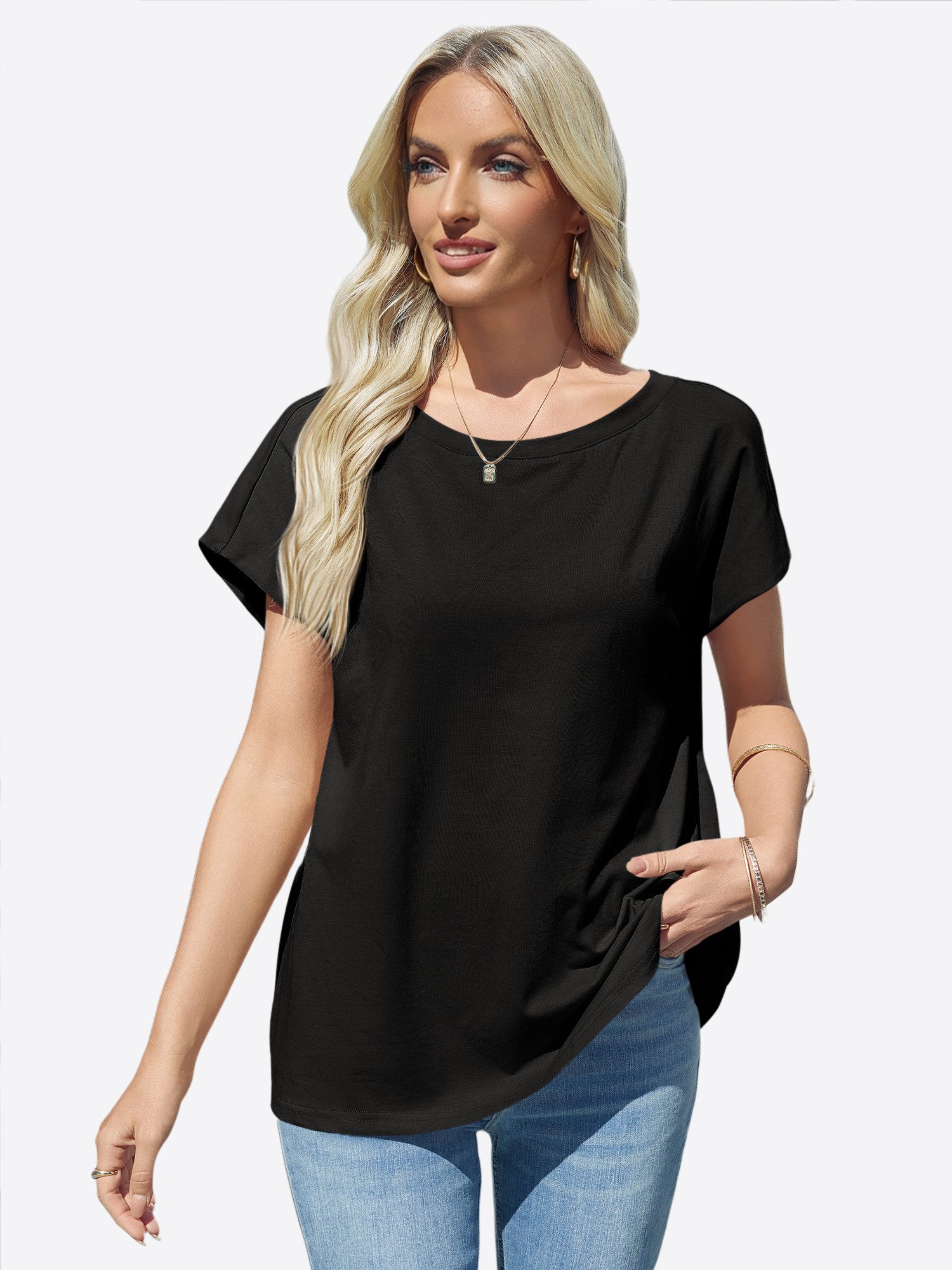Imily Bela T-Shirt Damen Basic Kurzarm Regular Fit Casual Cap Sleeve (Packung, 1-tlg., 1per-Pack) mit Rundhalsausschnitt in Unifarbe