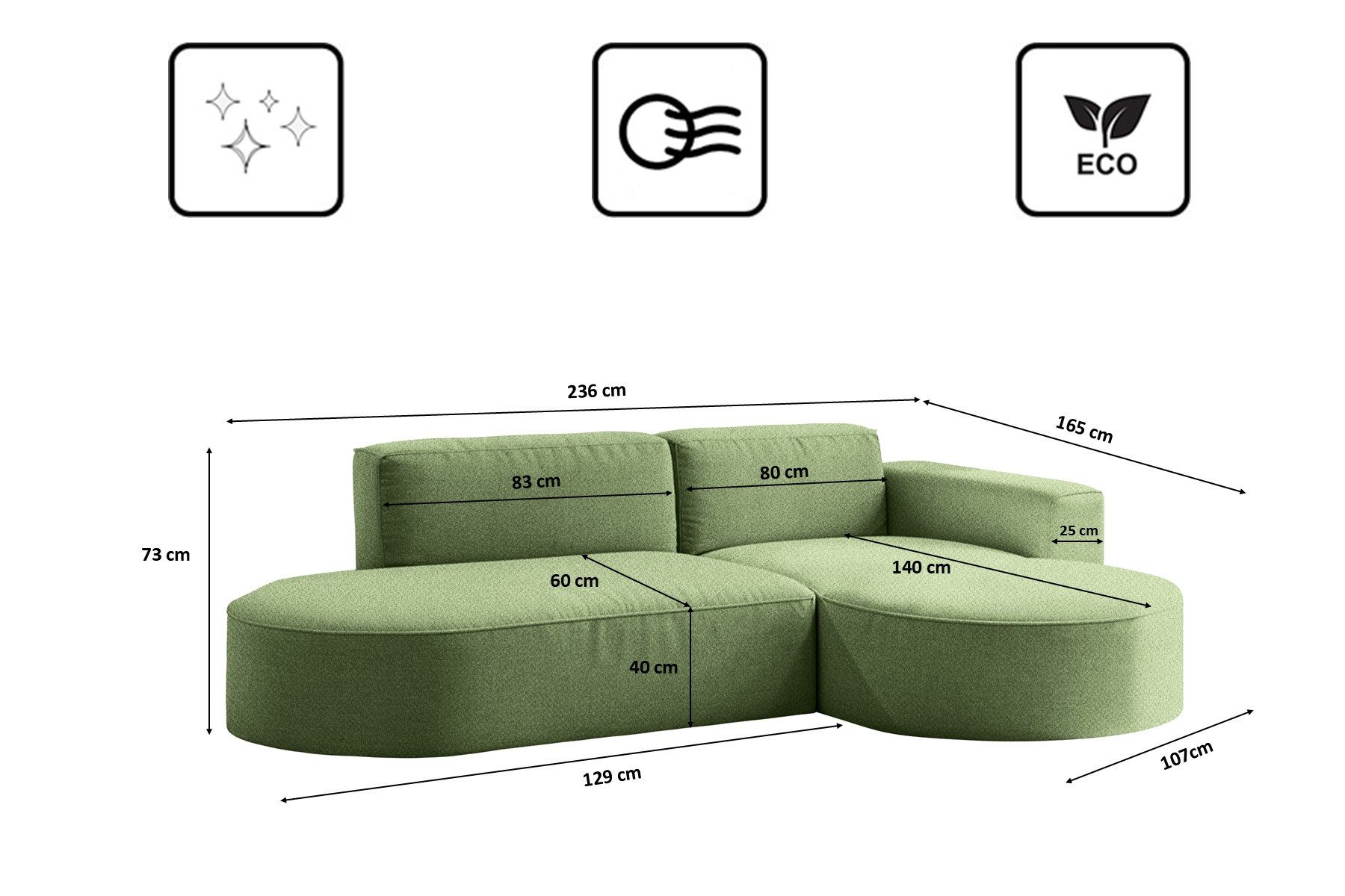Kaiser Möbel Ecksofa Modernes L-förmiges Designer Modena Falten, HR-Schaum, Wellenfeder, Komfort