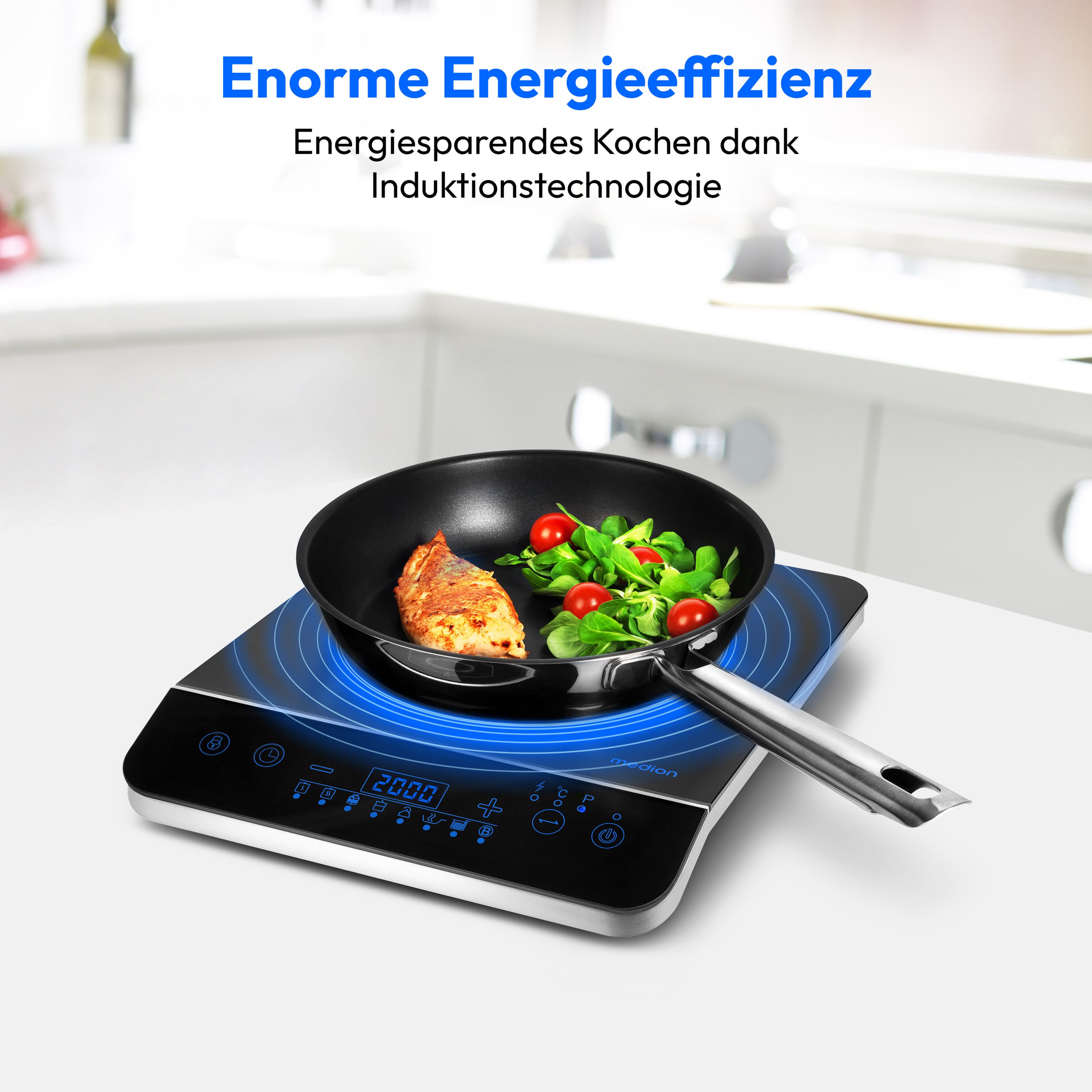 Medion® Einzel-Induktionskochplatte MD 17595, 2000 W Induktionsleistung, automatische Topferkennung, Timer, Temperaturbereich 60 - 240°, Sensor-Touch-Display, 10 Leistungsstufen