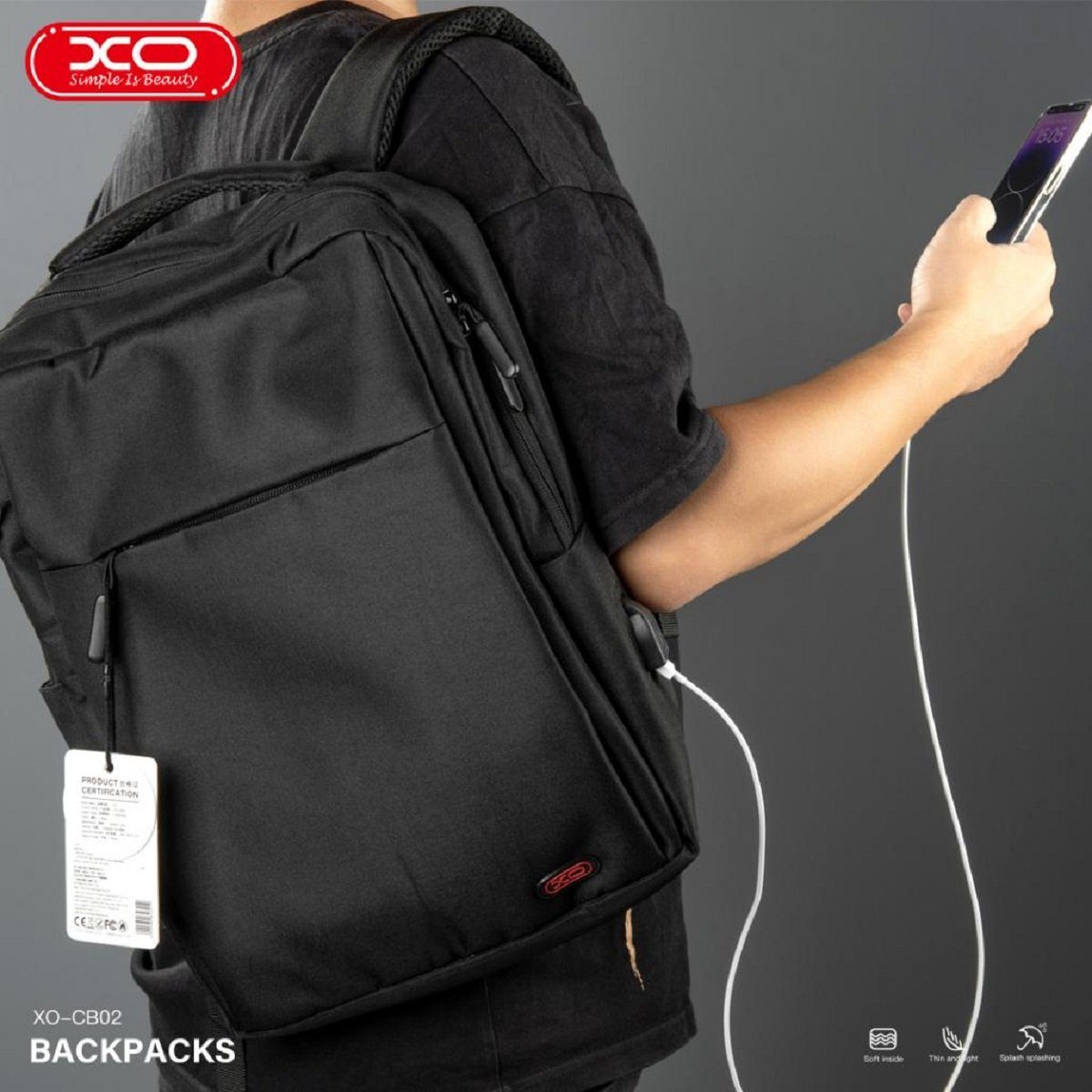XO Laptoprucksack XO Laptop Rucksack CB02 15.6” Schwarz, Wasserdicht, Externe USB-Ladeanschluss mit integriertem Ladekabel