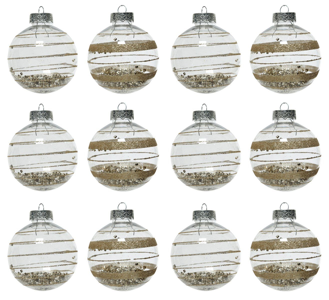 Decoris season decorations Weihnachtsbaumkugel, Weihnachtskugeln Kunststoff 8cm Streifen 12er Set - Beige transparent