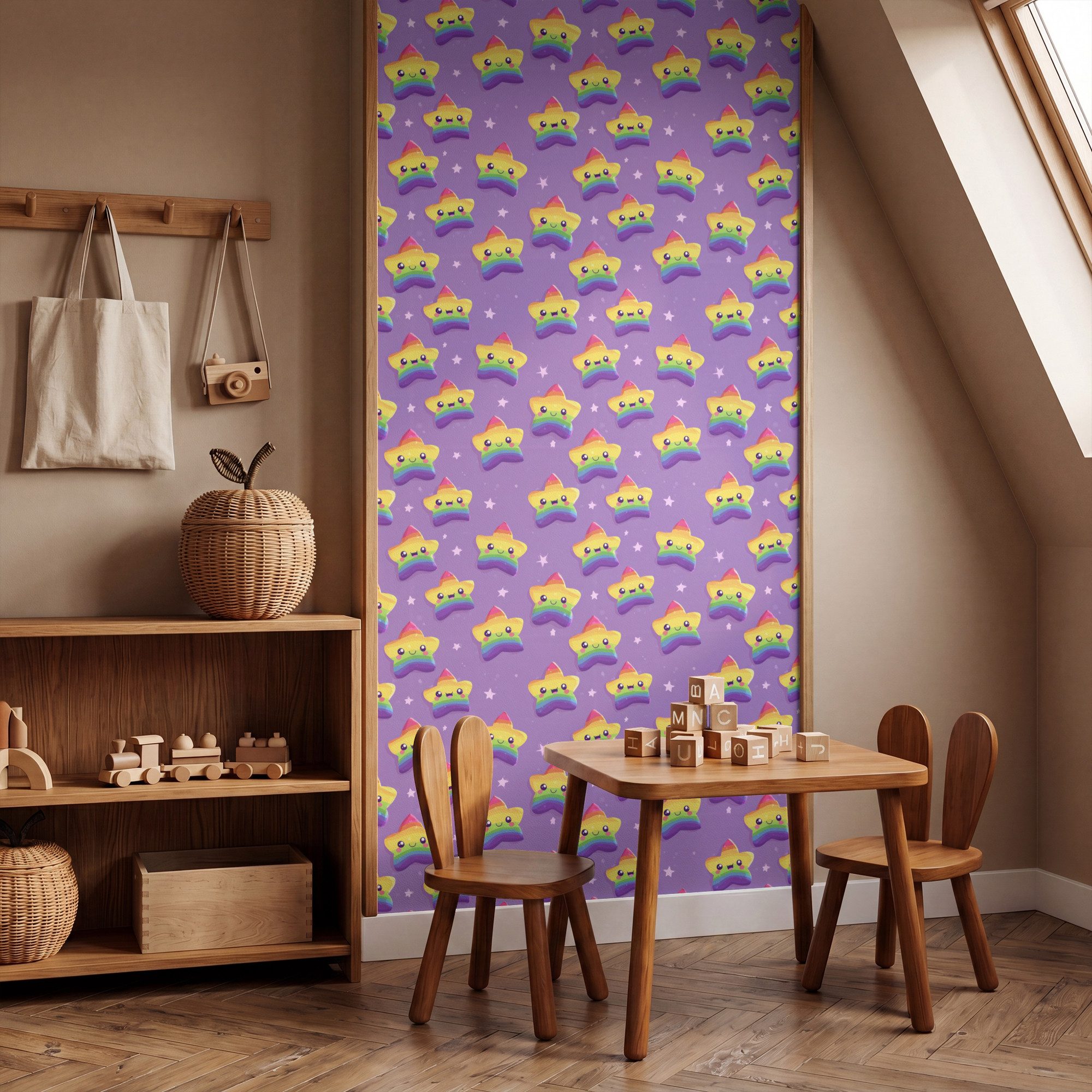 OnlyWow Fototapete Sterne - Regenbogen - Lila, Matt, bedruckt, Wandtapete, Schlafzimmer, Wanddekoration 100x220cm