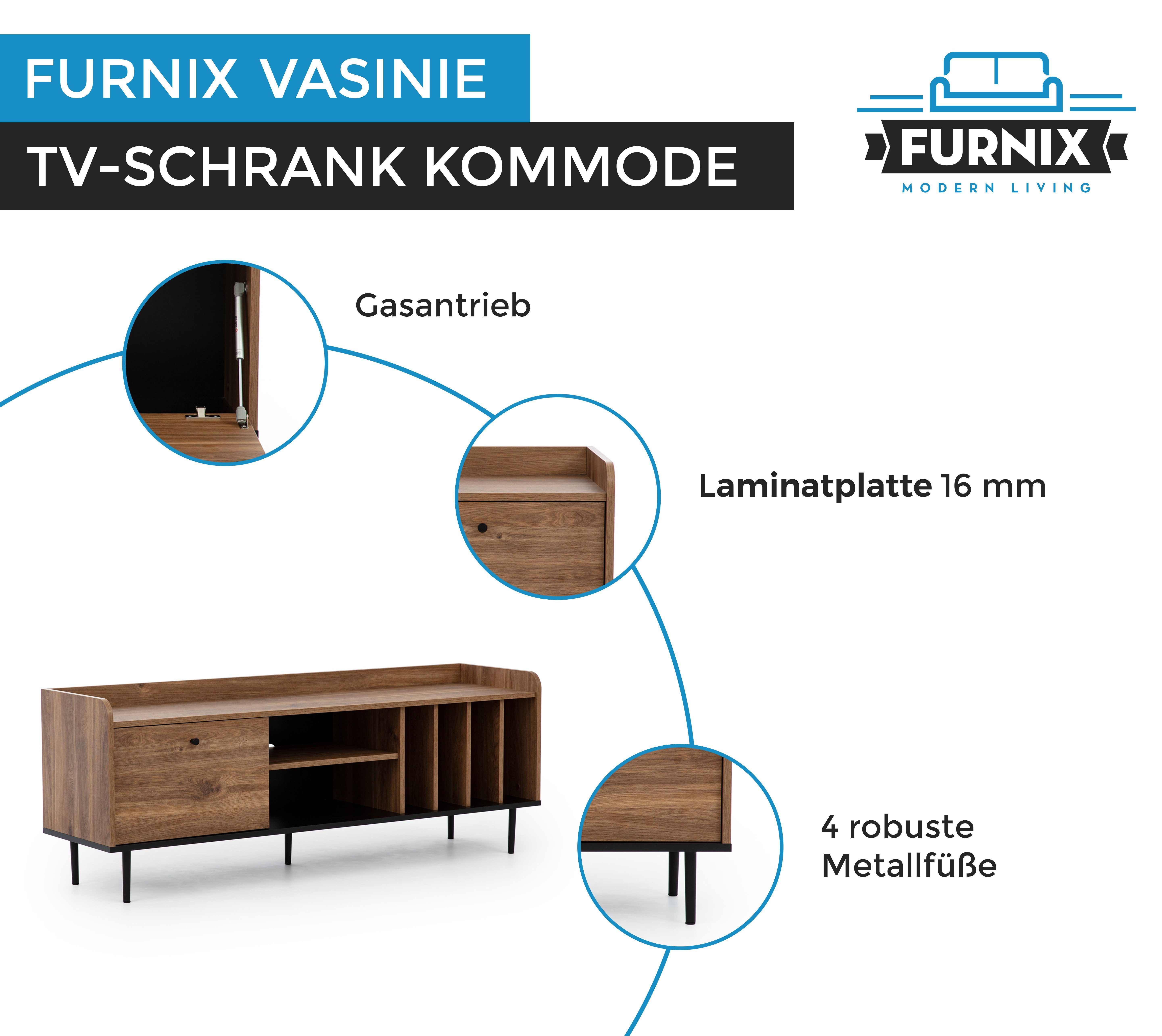Furnix Ablagefächer, Fernsehschrank Brandy-Castello-Holzes im viele 150 x 40 x TV-Schrank Kabinett VASINIE 56,2 cm Loft-Stil