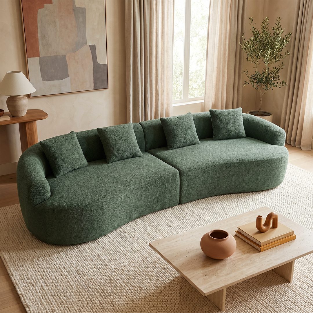 skølm Sofa Loki aus Teddy-Bouclé-Stoff, Vollschaumcouch mit Vakuum-Kompression, Dunkelgrün, Couch 4 Sitzer mit 4 Kissen, kein Aufbau notwendig