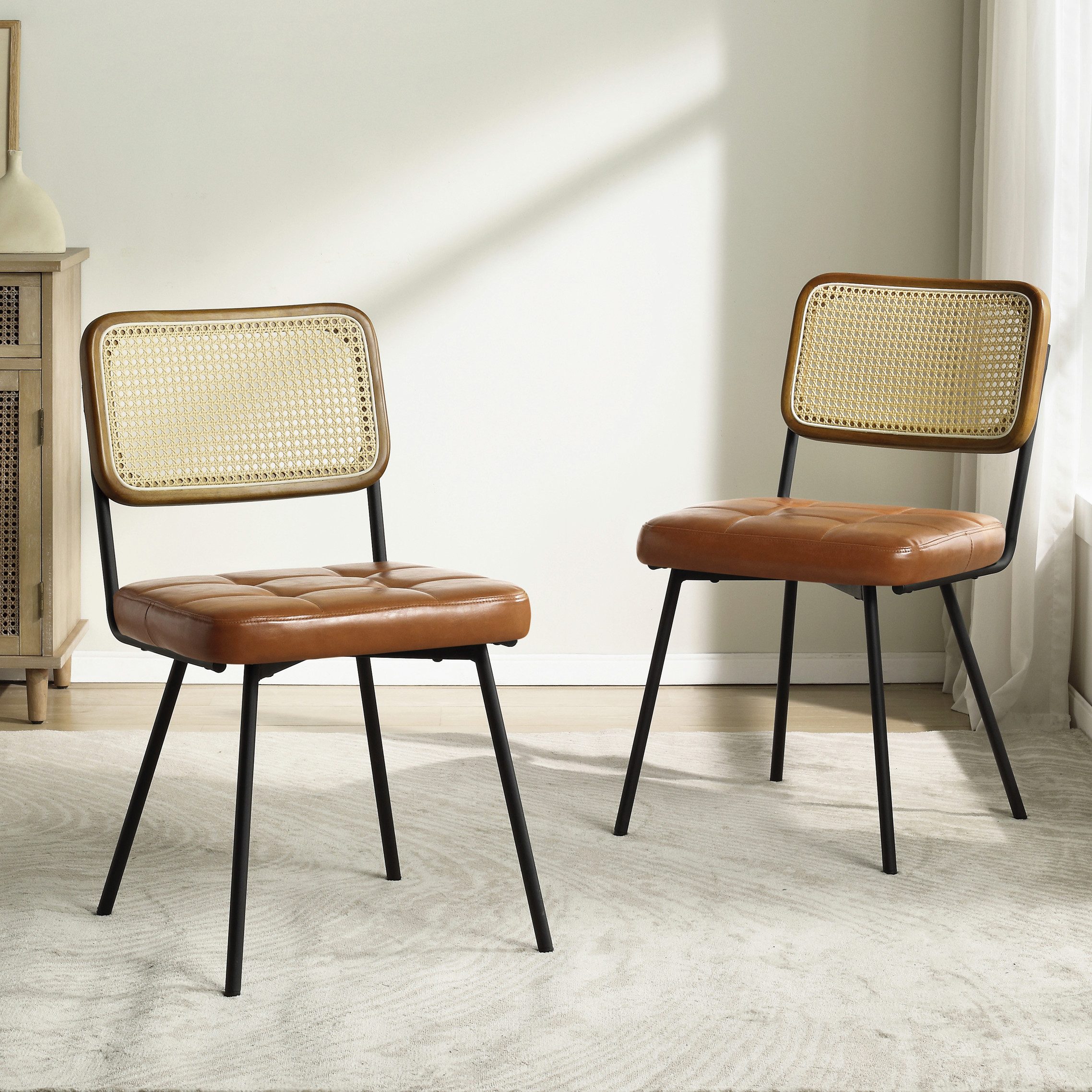 Art Leon Esszimmerstuhl CC061-New (Rattan Stühle Esszimmerstühle 2er Set Mid Century Moderne Farbe in Grün/Beige/Gelbbraun, 2 St), Rattan Cane Küchenstuhl mit schwarzen pulverbeschichteten Metallbeinen